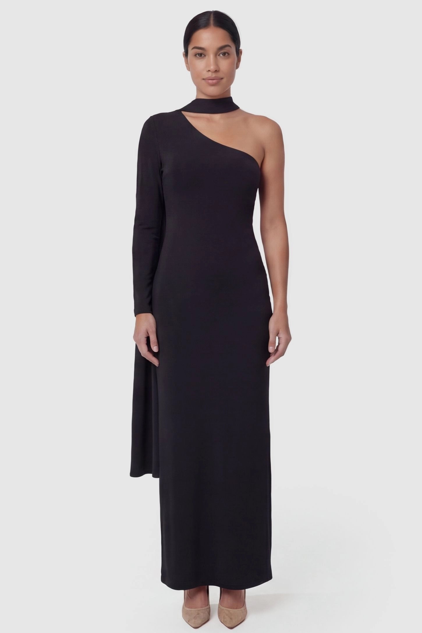 Soft Stretch One-Sleeve Halter Maternity Dress Soft Stretch One-Sleeve Halter Dress in Black featuring a classic bodycon cut on a non-pregnant model front view.