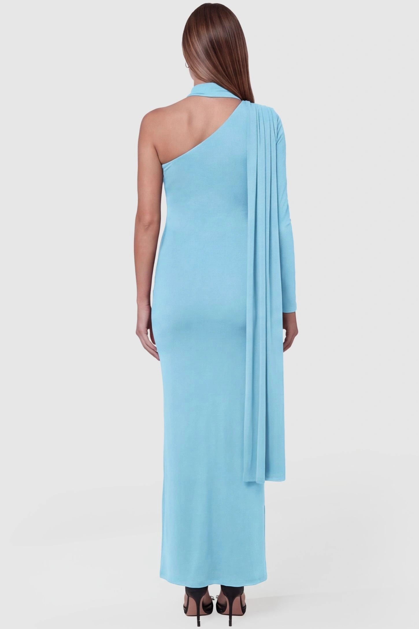 Soft Stretch One-Sleeve Halter Maternity Dress One-Sleeve Halter Maternity Dress in Blue featuring a minimalist open-back design on a pregnant model back view.