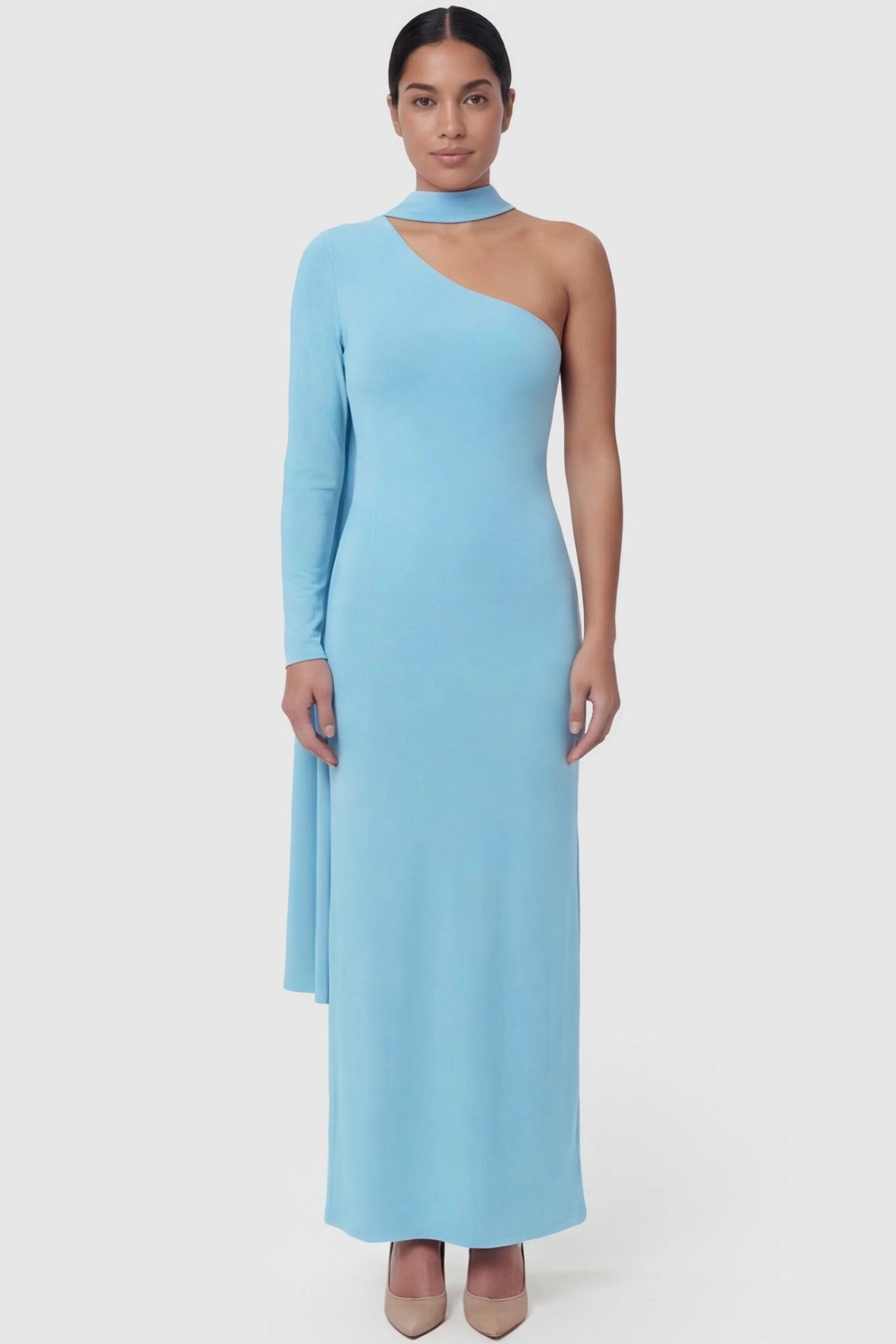 Soft Stretch One-Sleeve Halter Maternity Dress Soft Stretch One-Sleeve Halter Dress in Blue featuring a flattering high neck on a non-pregnant model front view.