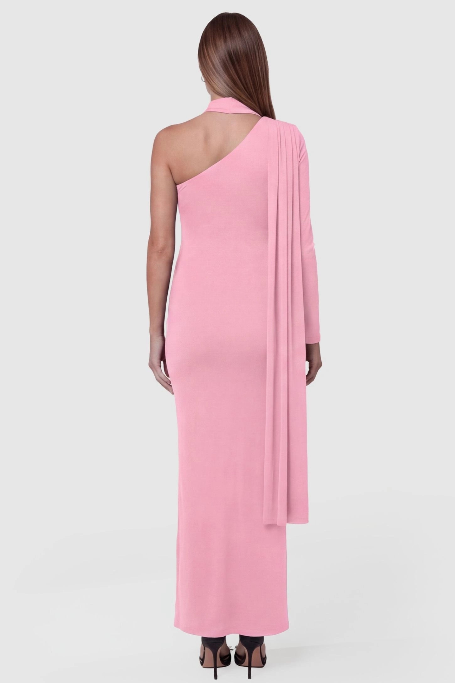 Soft Stretch One-Sleeve Halter Maternity Dress One-Sleeve Halter Maternity Dress in Pink featuring a draped floor-length sash on a pregnant model back view.