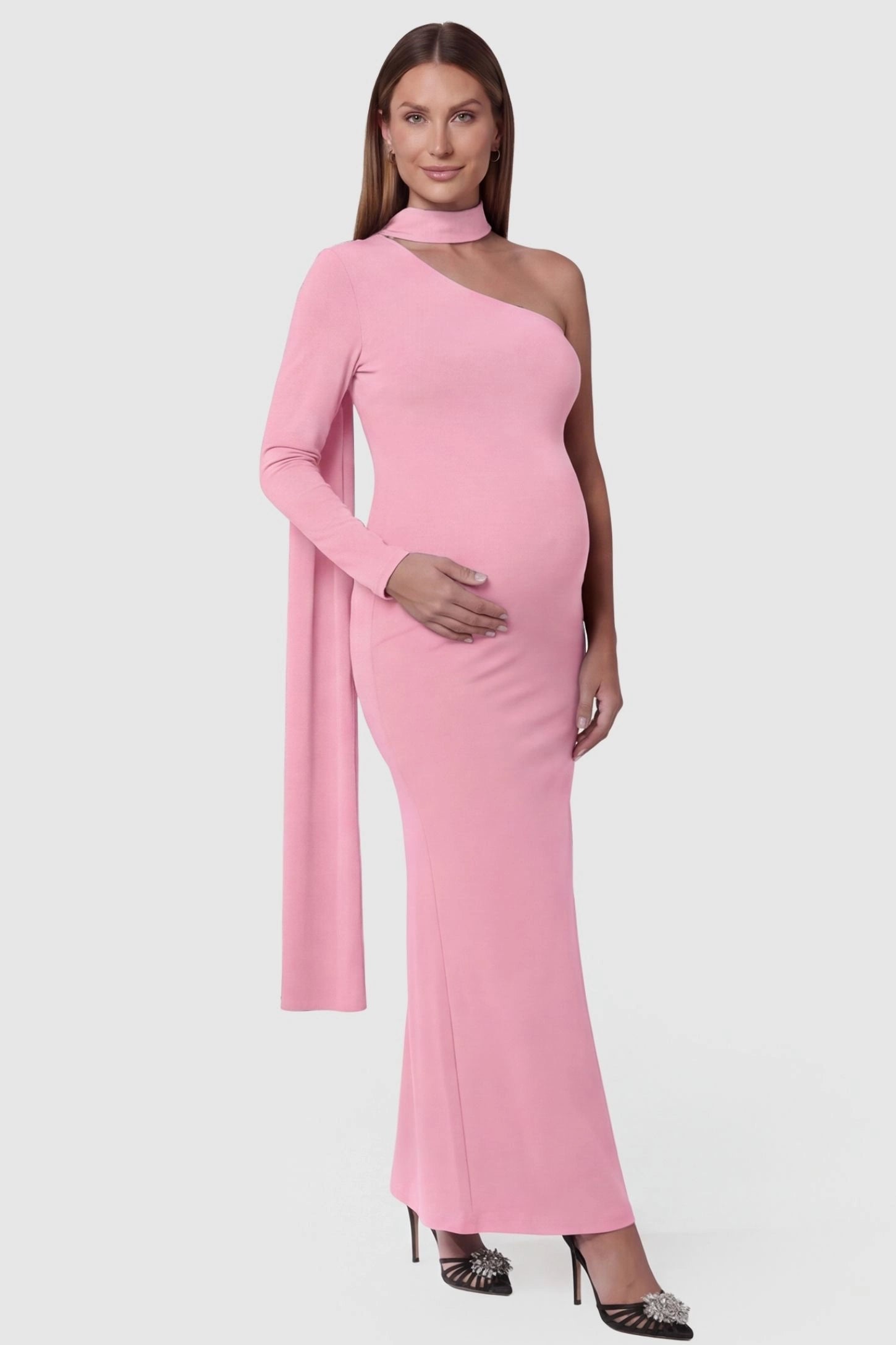 Soft Stretch One-Sleeve Halter Maternity Dress Soft Stretch One-Sleeve Halter Maternity Dress in Pink featuring a chic choker-style neckline on a pregnant model front view.