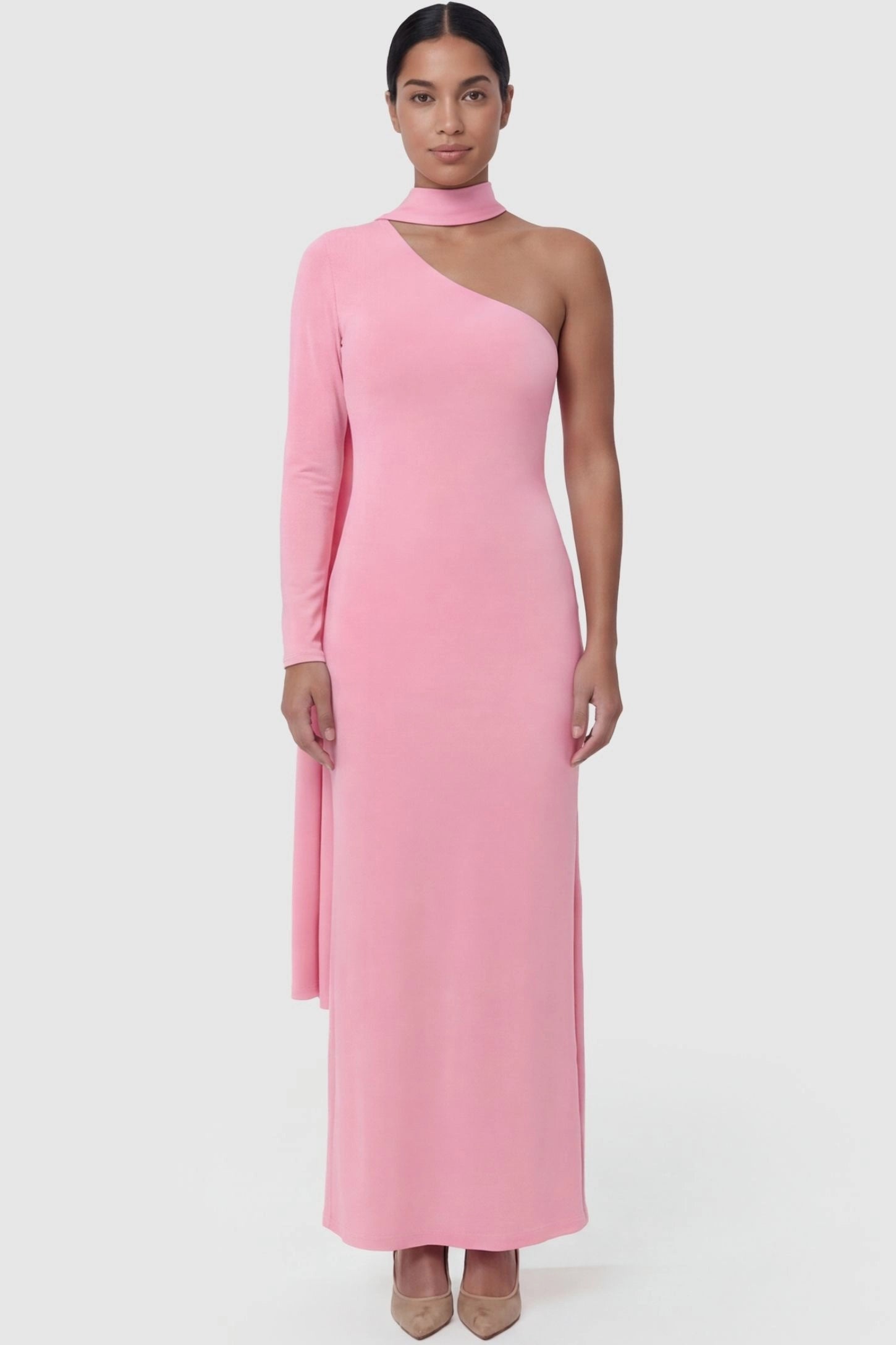 Soft Stretch One-Sleeve Halter Maternity Dress Soft Stretch One-Sleeve Halter Dress in Pink featuring a streamlined silhouette on a non-pregnant model front view.