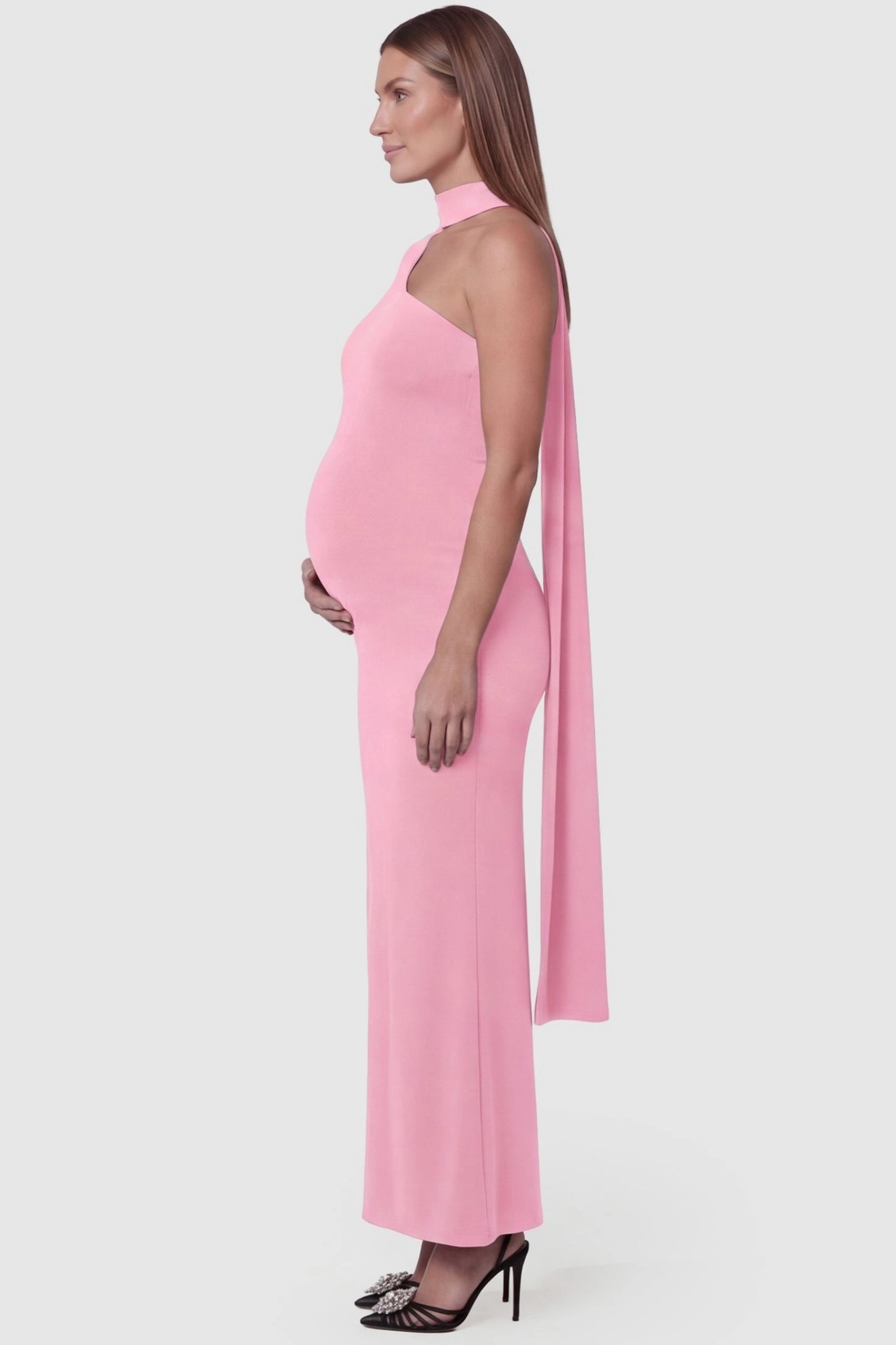 Soft Stretch One-Sleeve Halter Maternity Dress Pink Soft Stretch One-Sleeve Halter Maternity Dress featuring a seamless side-silhouette on a pregnant model side view.