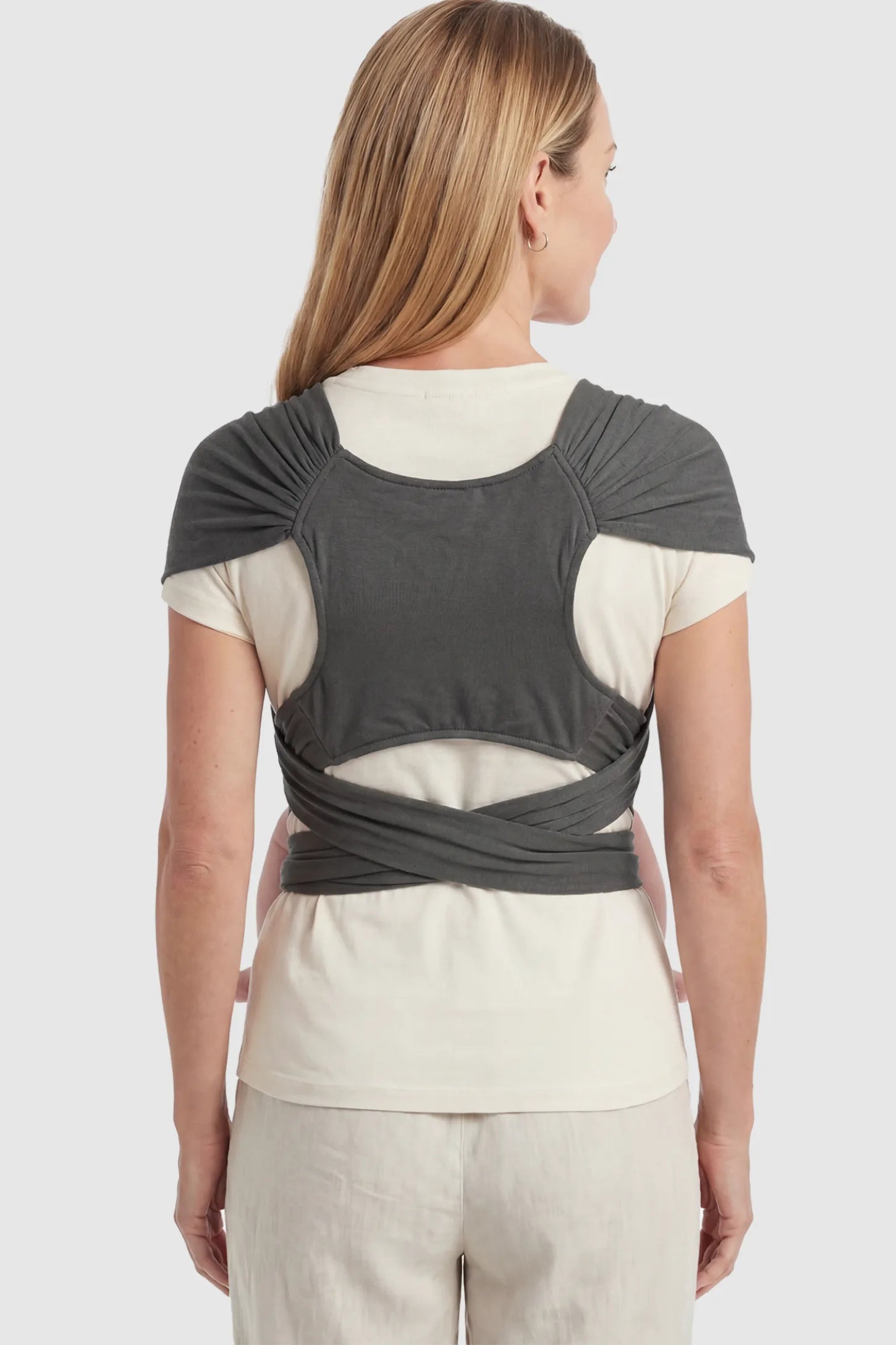 Soft Stretch Skin Friendly Baby Wrap Carrier Soft Stretch Baby Wrap Carrier in Dark Gray featuring a reinforced back support panel on a model showing back.