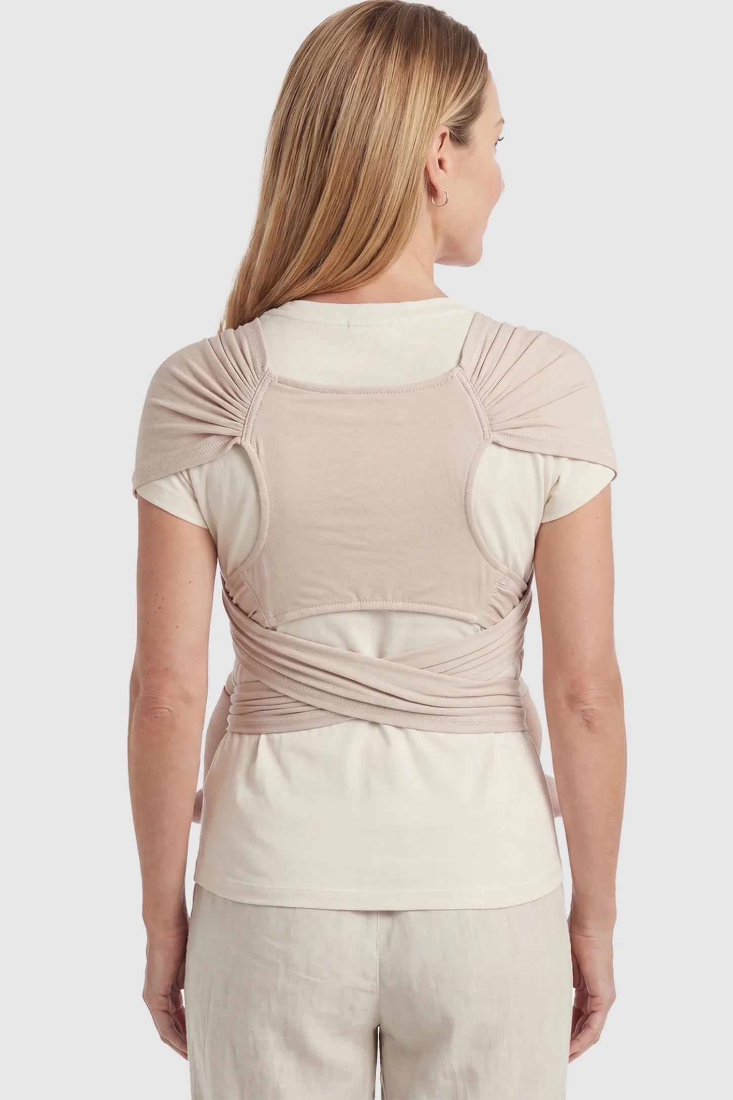 Soft Stretch Skin Friendly Baby Wrap Carrier Soft Stretch Baby Wrap Carrier in Khaki featuring a reinforced back support panel on a model showing back.