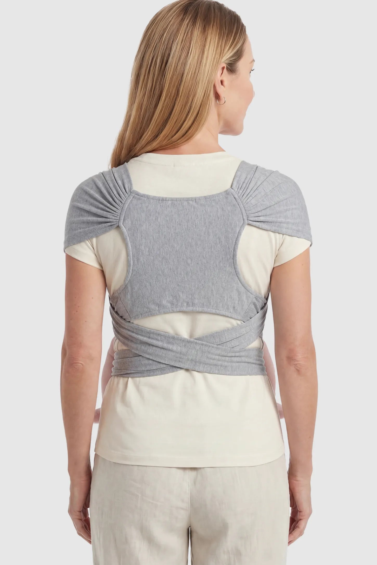 Soft Stretch Skin Friendly Baby Wrap Carrier Soft Stretch Baby Wrap Carrier in Light Gray featuring a reinforced back support panel on a model showing back.