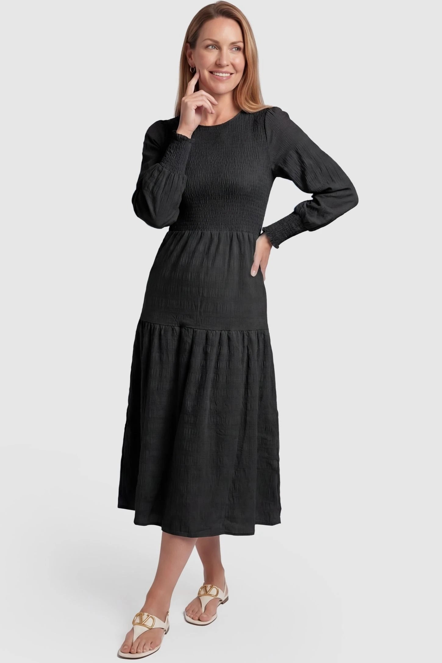 Solid Color Tiered Style Midi Maternity Dress Solid Color Tiered Style Midi Maternity Dress in black featuring a smocked bodice on a non-pregnant model, postpartum view.