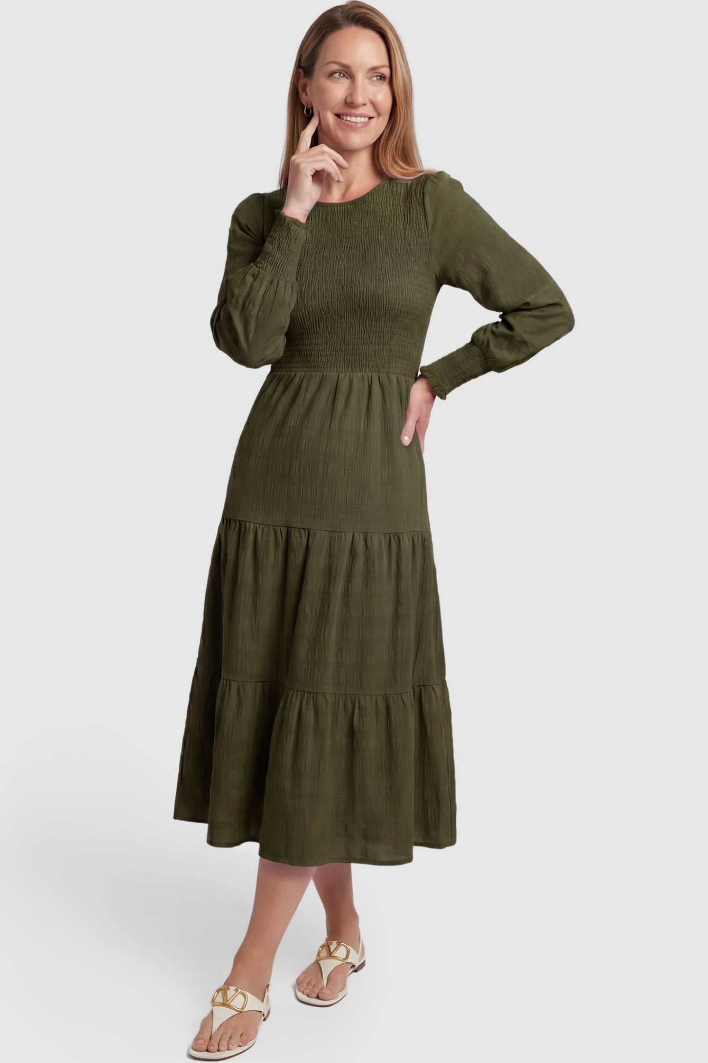 Solid Color Tiered Style Midi Maternity Dress Solid Color Tiered Style Midi Maternity Dress in green featuring a smocked bodice on a non-pregnant model, postpartum view.