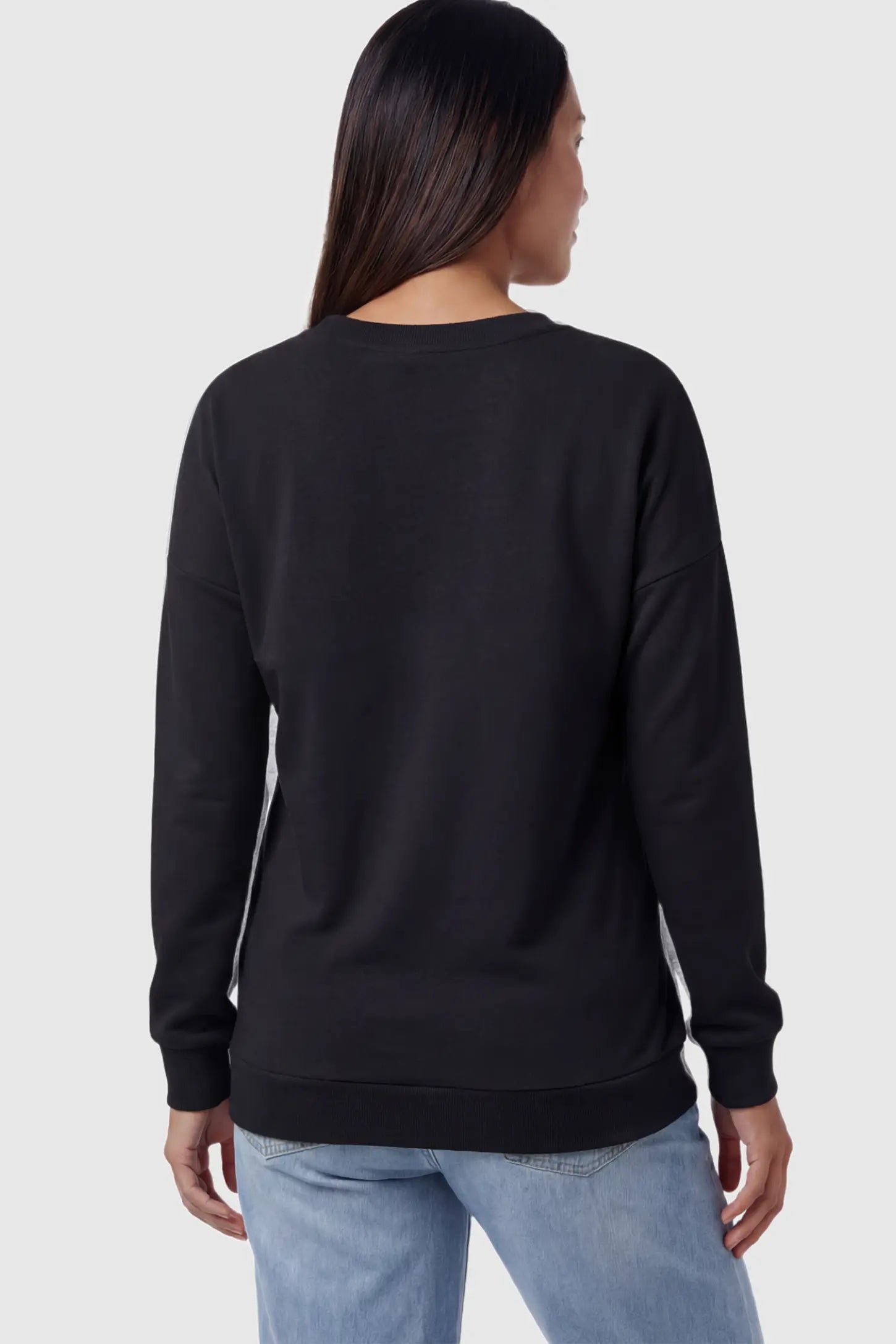 Solid Long Sleeve Maternity & Nursing Sweatshirt Solid Long Sleeve Maternity & Nursing Sweatshirt in Black drop shoulders on a pregnant model showing back.