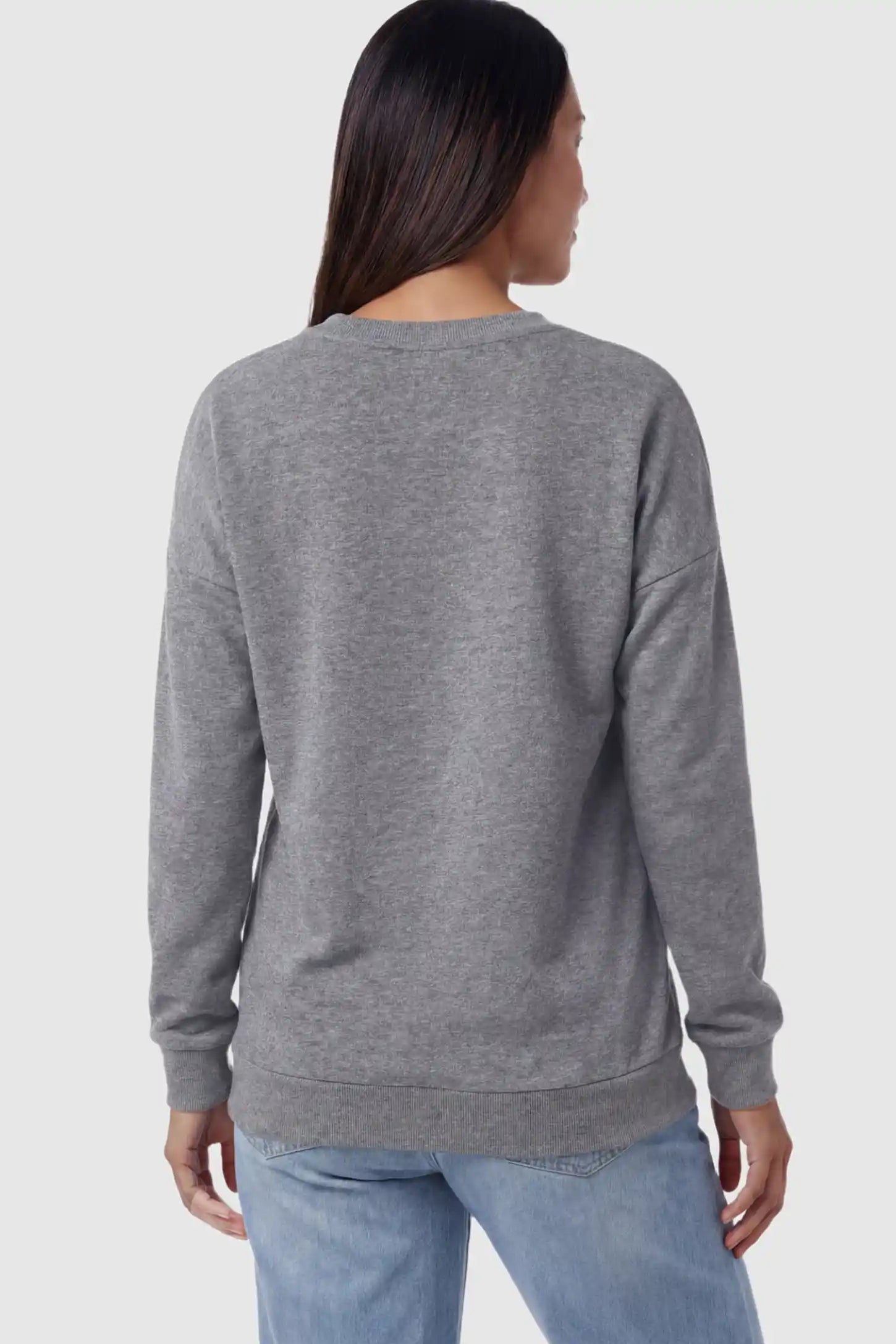 Solid Long Sleeve Maternity & Nursing Sweatshirt Solid Long Sleeve Maternity & Nursing Sweatshirt in Dark Gray featuring a drop shoulder on a pregnant model showing back.