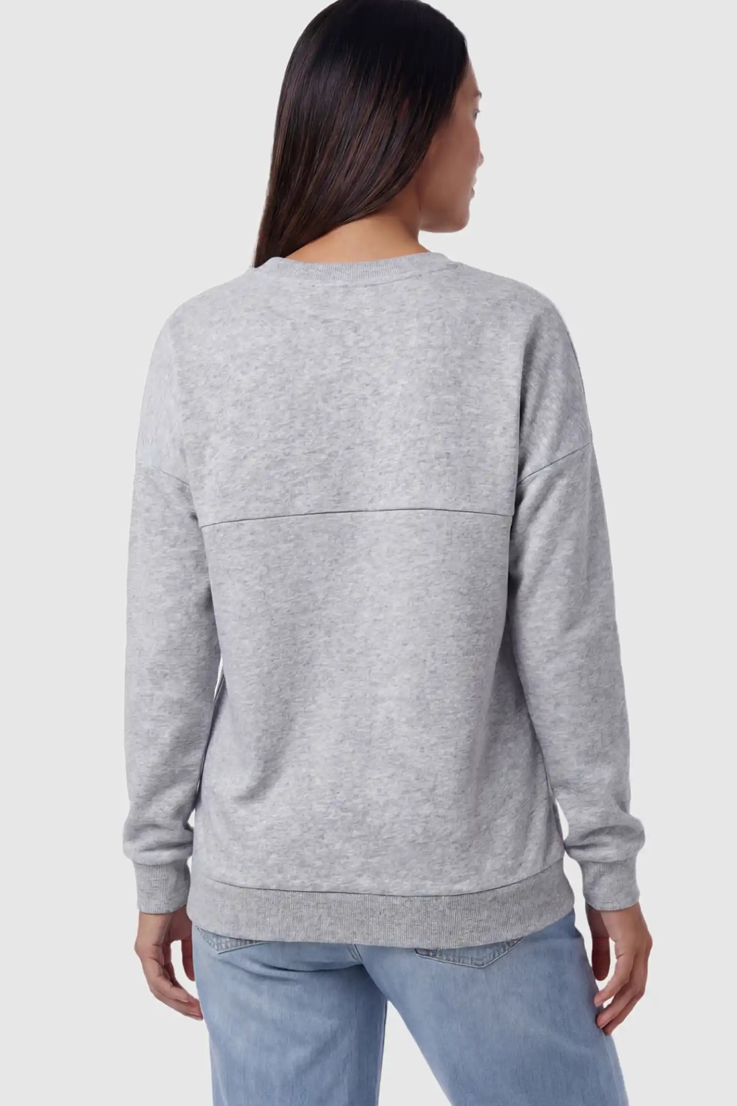 Solid Long Sleeve Maternity & Nursing Sweatshirt Solid Long Sleeve Maternity & Nursing Sweatshirt in Light Gray featuring drop shoulders seam on a pregnant model showing back.