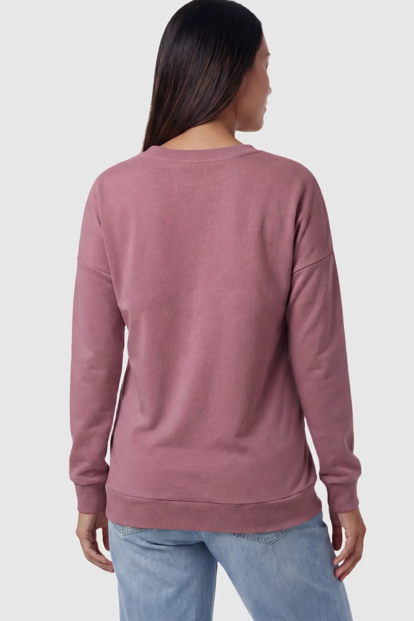 Solid Long Sleeve Maternity & Nursing Sweatshirt Solid Long Sleeve Pullover Maternity & Nursing Sweatshirt in Pink featuring drop shoulders on a pregnant model showing back.