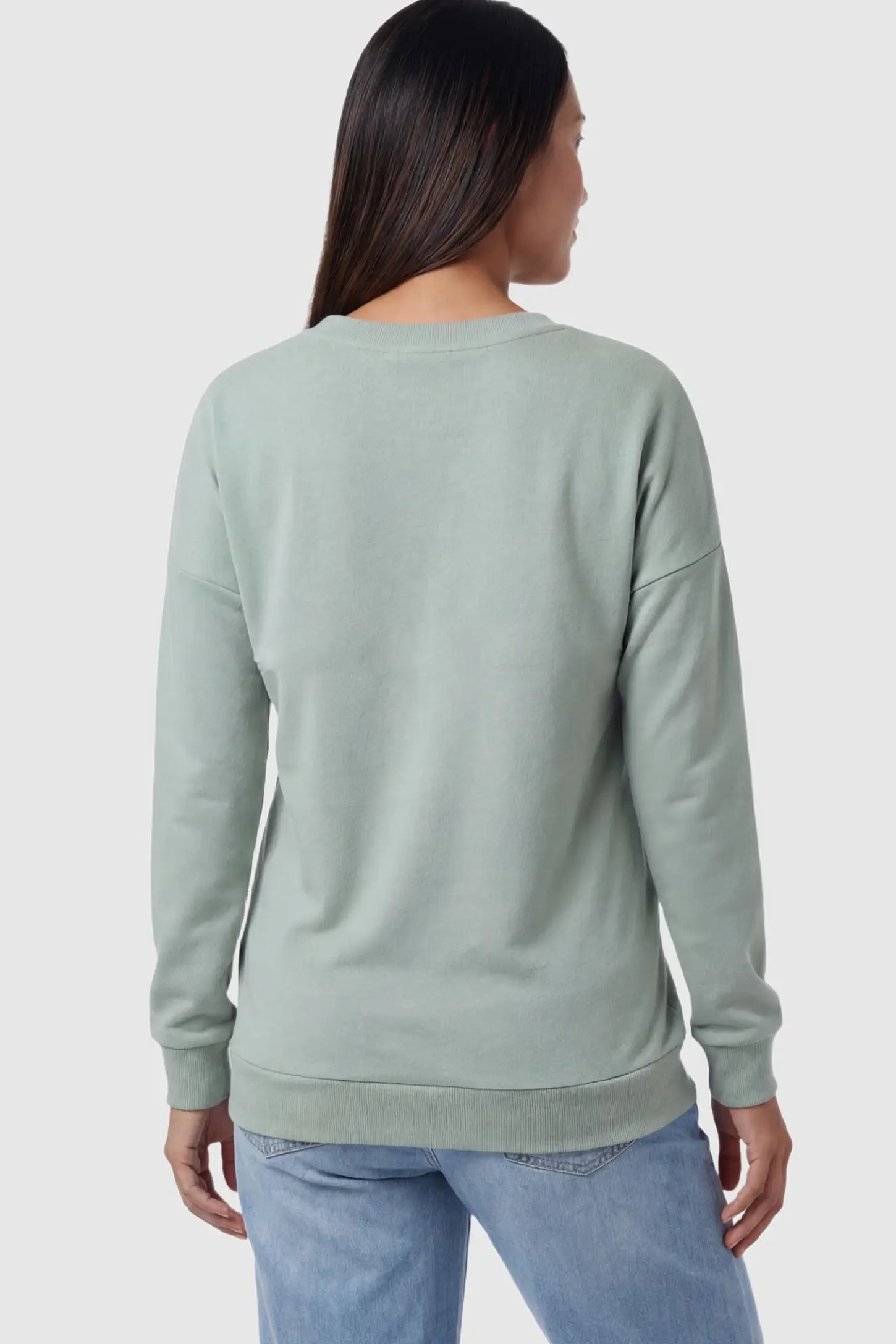 Solid Long Sleeve Maternity & Nursing Sweatshirt Solid Long Sleeve Maternity & Nursing Sweatshirt in Sage Green featuring drop shoulders on a pregnant model showing back.
