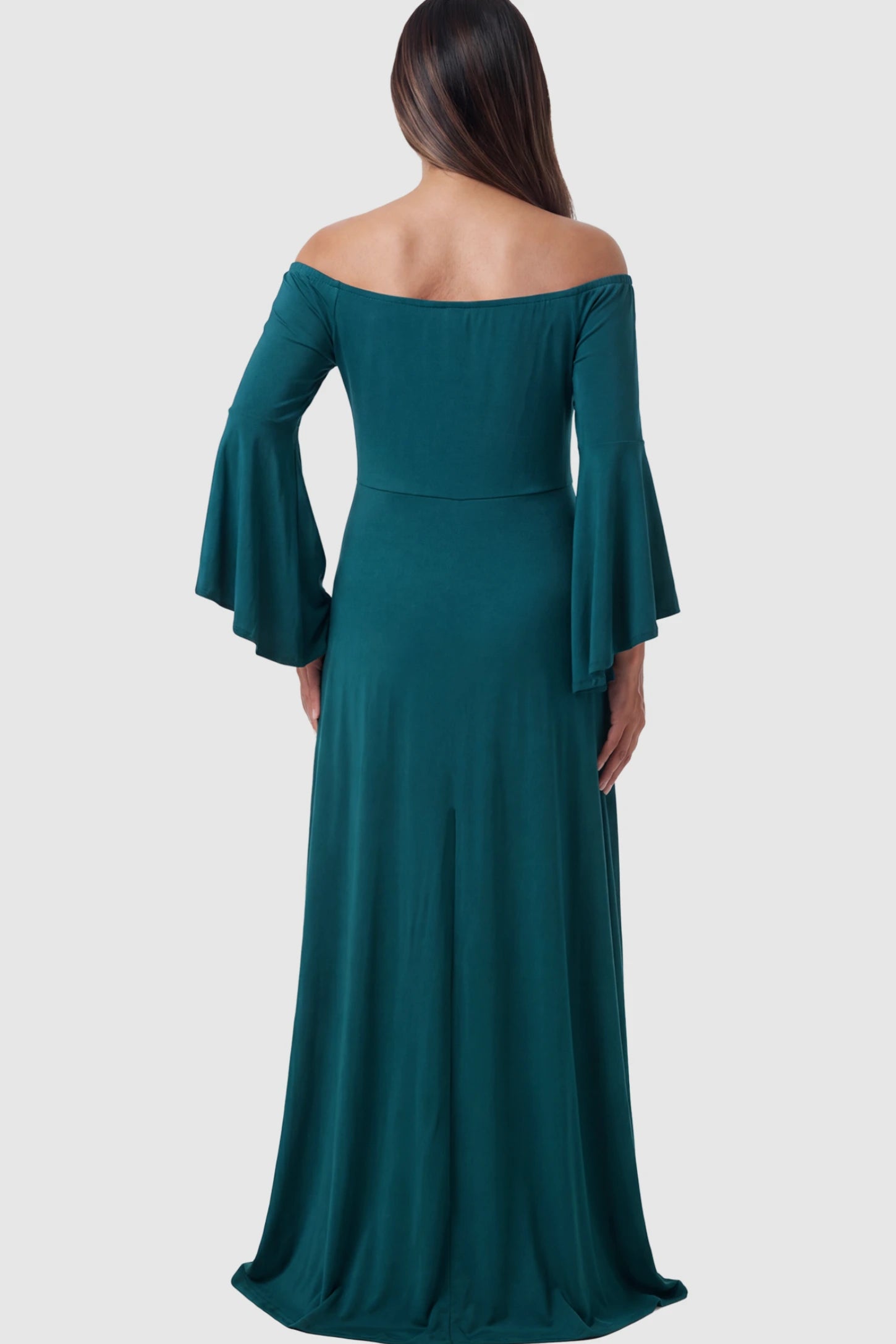 Solid Off Shoulder Bell Sleeve Maternity Maxi Dress Solid Off Shoulder Bell Sleeve Maternity Maxi Dress in Navy Blue featuring bell sleeves on a pregnant model showing back.