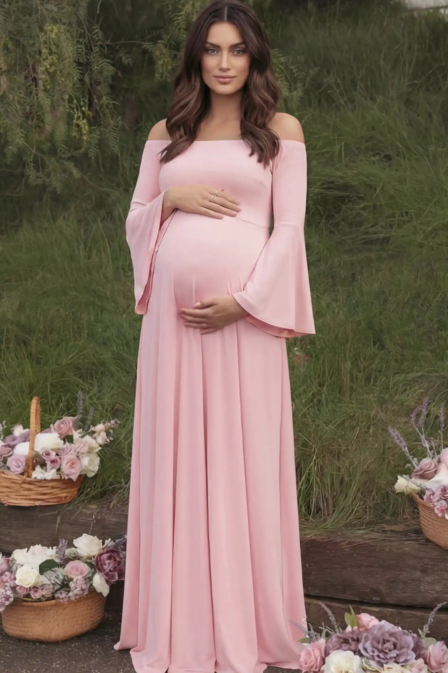 Solid Off Shoulder Bell Sleeve Maternity Maxi Dress Solid Off Shoulder Bell Sleeve Maternity Maxi Dress in Pink featuring Bell sleeves on a pregnant model showing front.