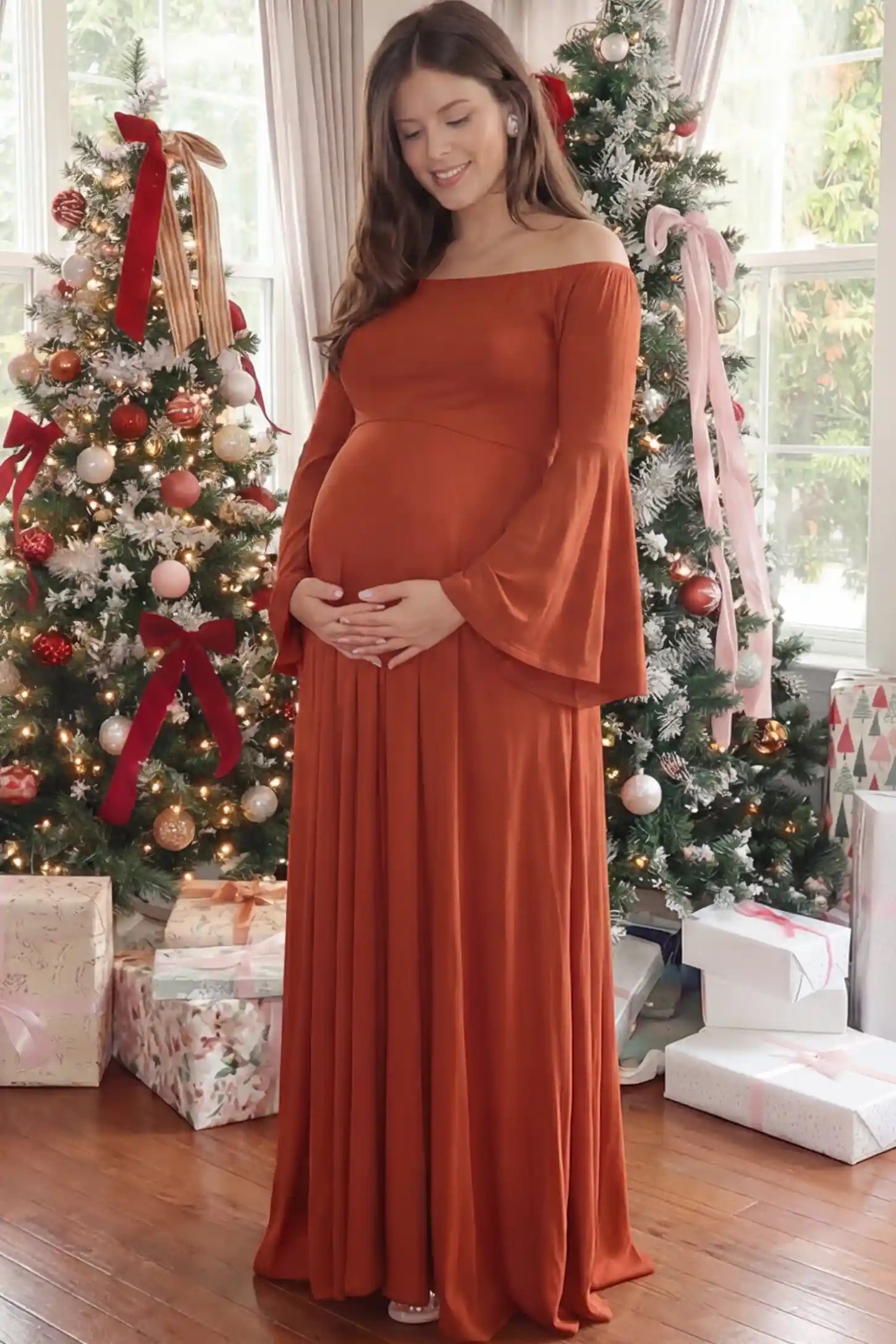 Solid Off Shoulder Bell Sleeve Maternity Maxi Dress Solid Off Shoulder Bell Sleeve Maternity Maxi Dress in Red featuring Bell sleeves on a pregnant model showing side.