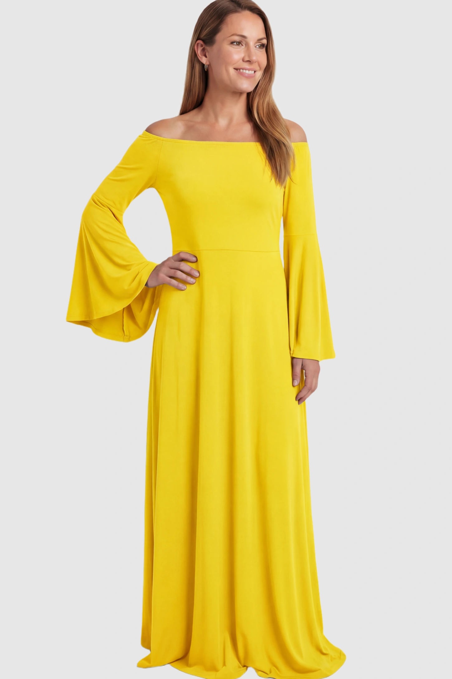 Solid Off Shoulder Bell Sleeve Maternity Maxi Dress Solid Off Shoulder Bell Sleeve Maternity Maxi Dress in Yellow featuring Bell sleeves on a postpartum model showing front.
