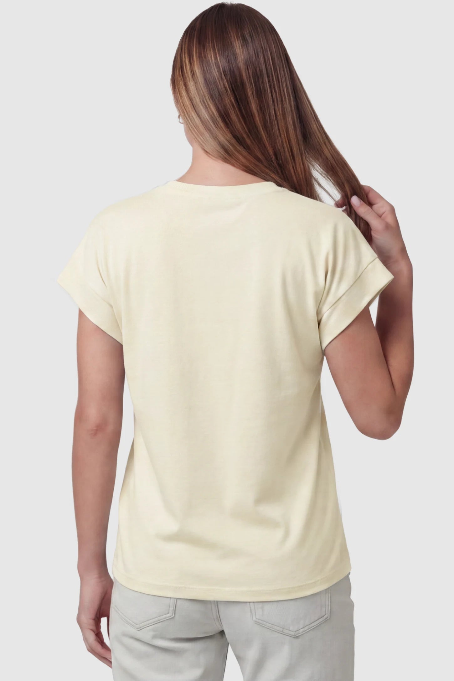 Solid Round Neck Cap Sleeve Maternity Top Solid Round Neck Cap Sleeve Maternity Top in Beige featuring breathable fabric on a pregnant model, back view.
