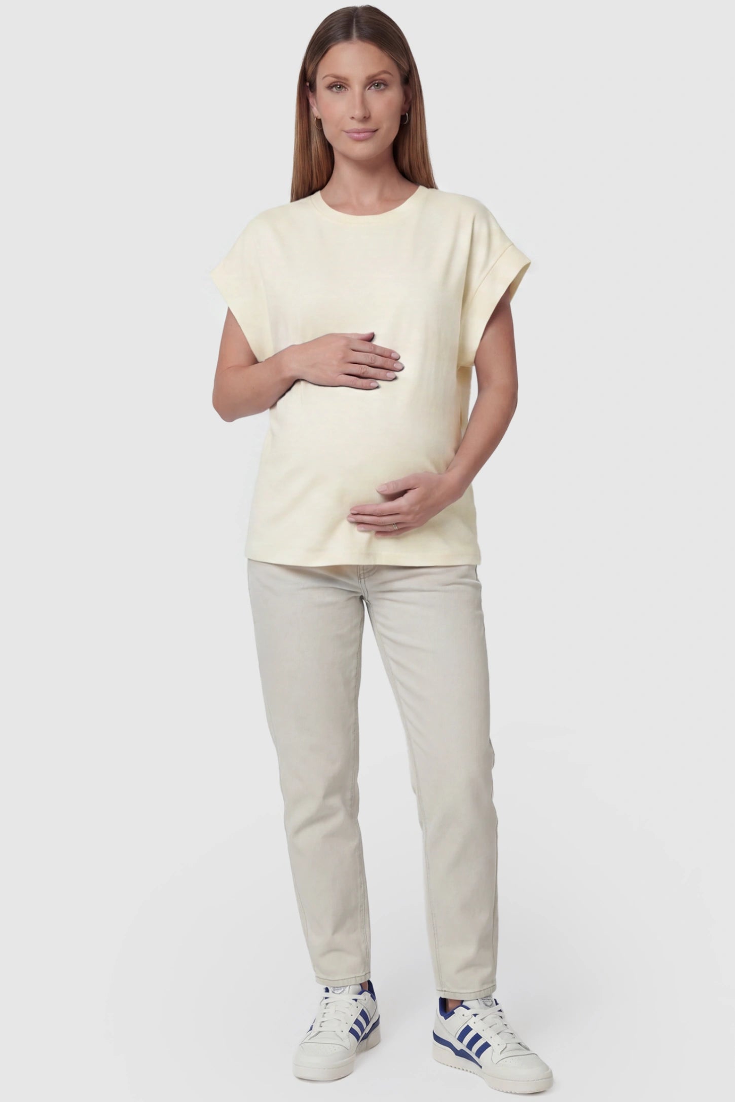 Solid Round Neck Cap Sleeve Maternity Top Solid Round Neck Cap Sleeve Maternity Top in Beige featuring breathable fabric on a pregnant model, full body view.