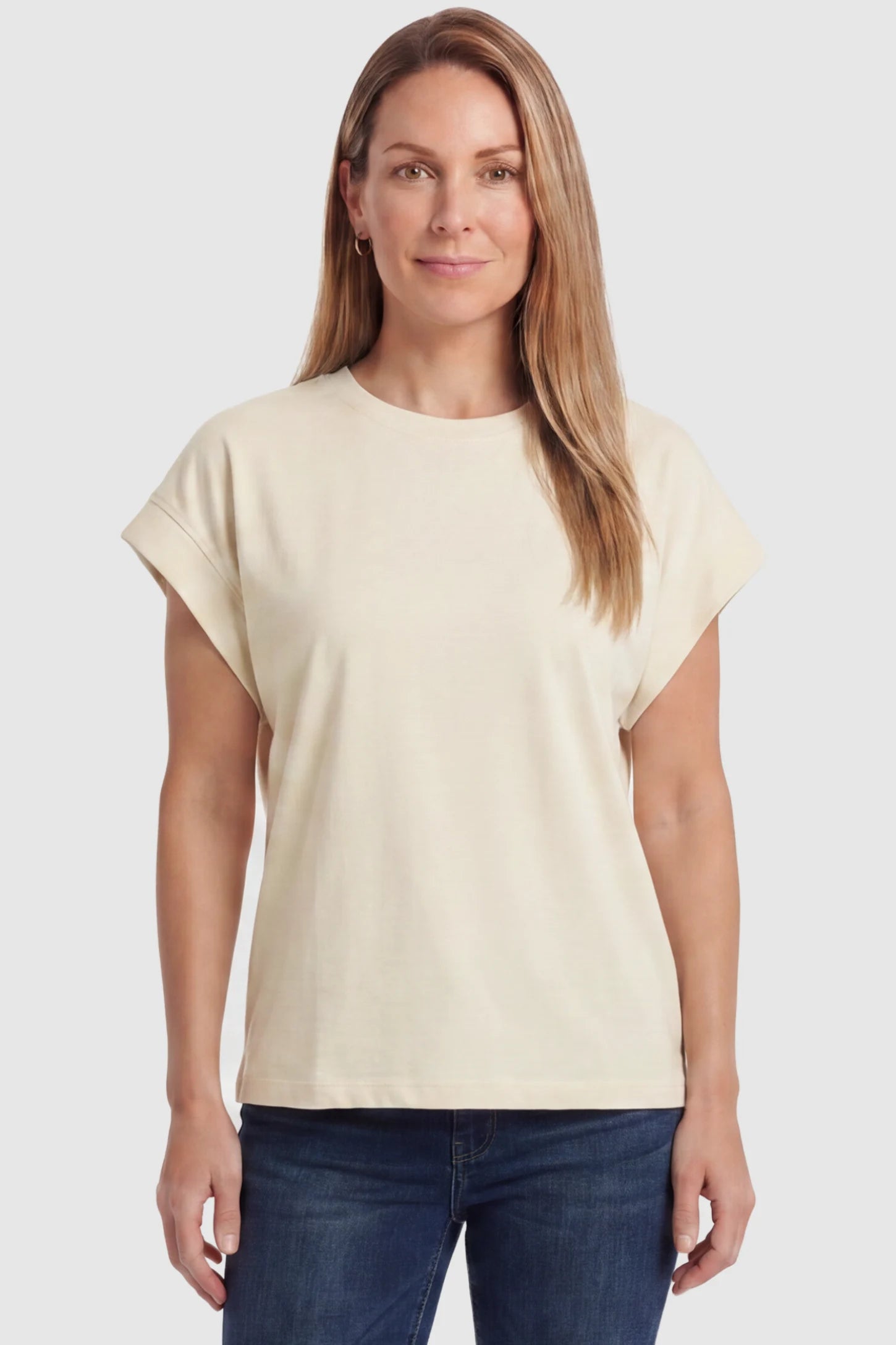 Solid Round Neck Cap Sleeve Maternity Top Solid Round Neck Cap Sleeve Maternity Top in Beige featuring breathable fabric on a postpartum model, front view.