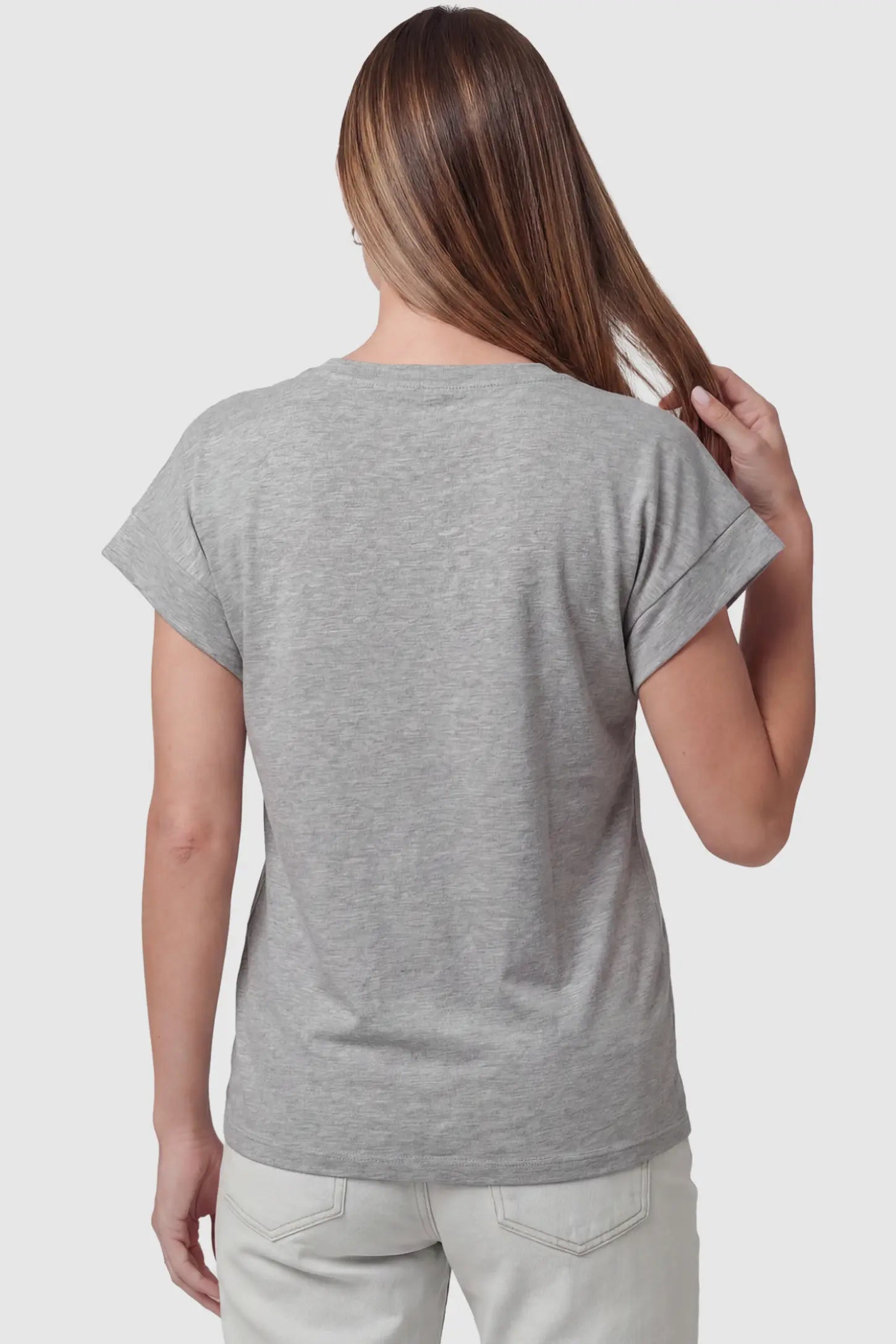 Solid Round Neck Cap Sleeve Maternity Top Solid Round Neck Cap Sleeve Maternity Top in Light Gray featuring breathable fabric on a pregnant model, back view.