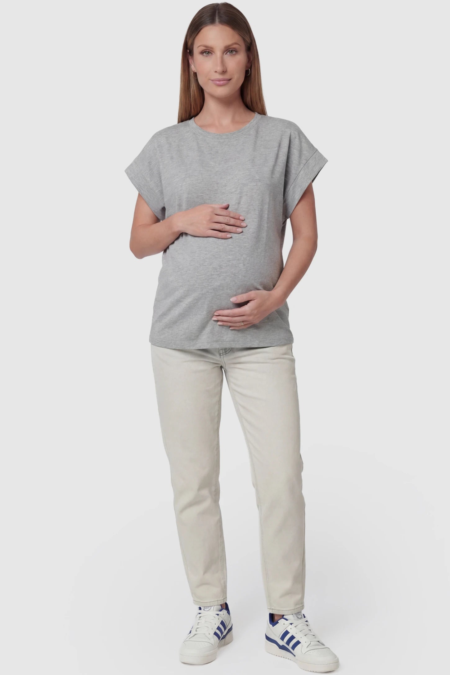 Solid Round Neck Cap Sleeve Maternity Top Solid Round Neck Cap Sleeve Maternity Top in Light Gray featuring breathable fabric on a pregnant model, full body view.
