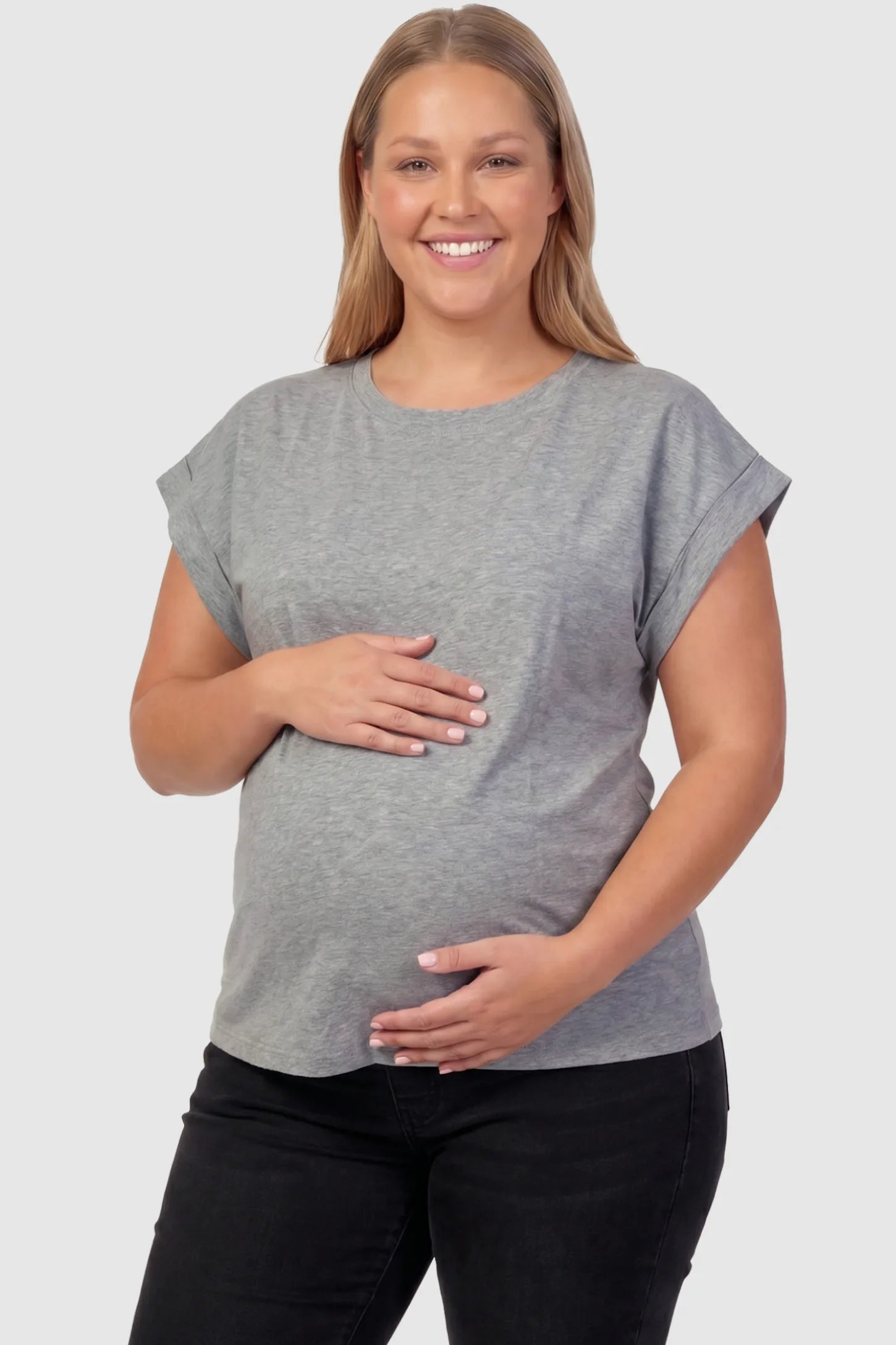 Solid Round Neck Cap Sleeve Maternity Top Solid Round Neck Cap Sleeve Maternity Top in Light Gray featuring breathable fabric on a plus size pregnant model, front view.