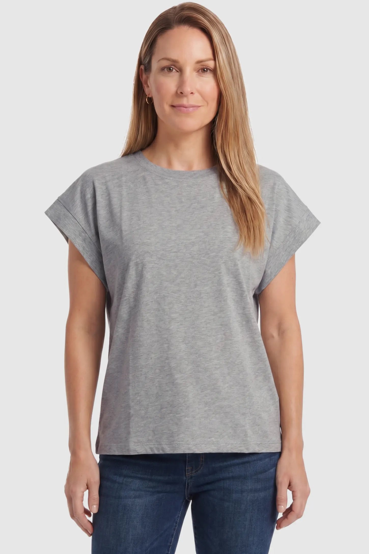 Solid Round Neck Cap Sleeve Maternity Top Solid Round Neck Cap Sleeve Maternity Top in Light Gray featuring breathable fabric on a postpartum model, front view.