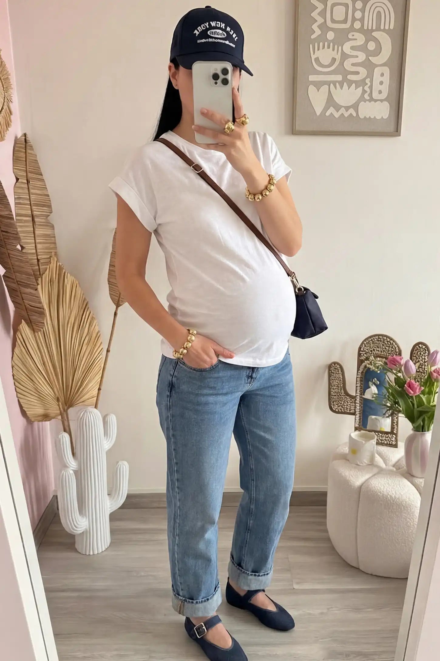 Solid Round Neck Cap Sleeve Maternity Top Solid Round Neck Cap Sleeve Maternity Top in White featuring breathable fabric on a pregnant model in indoor setting, front view.