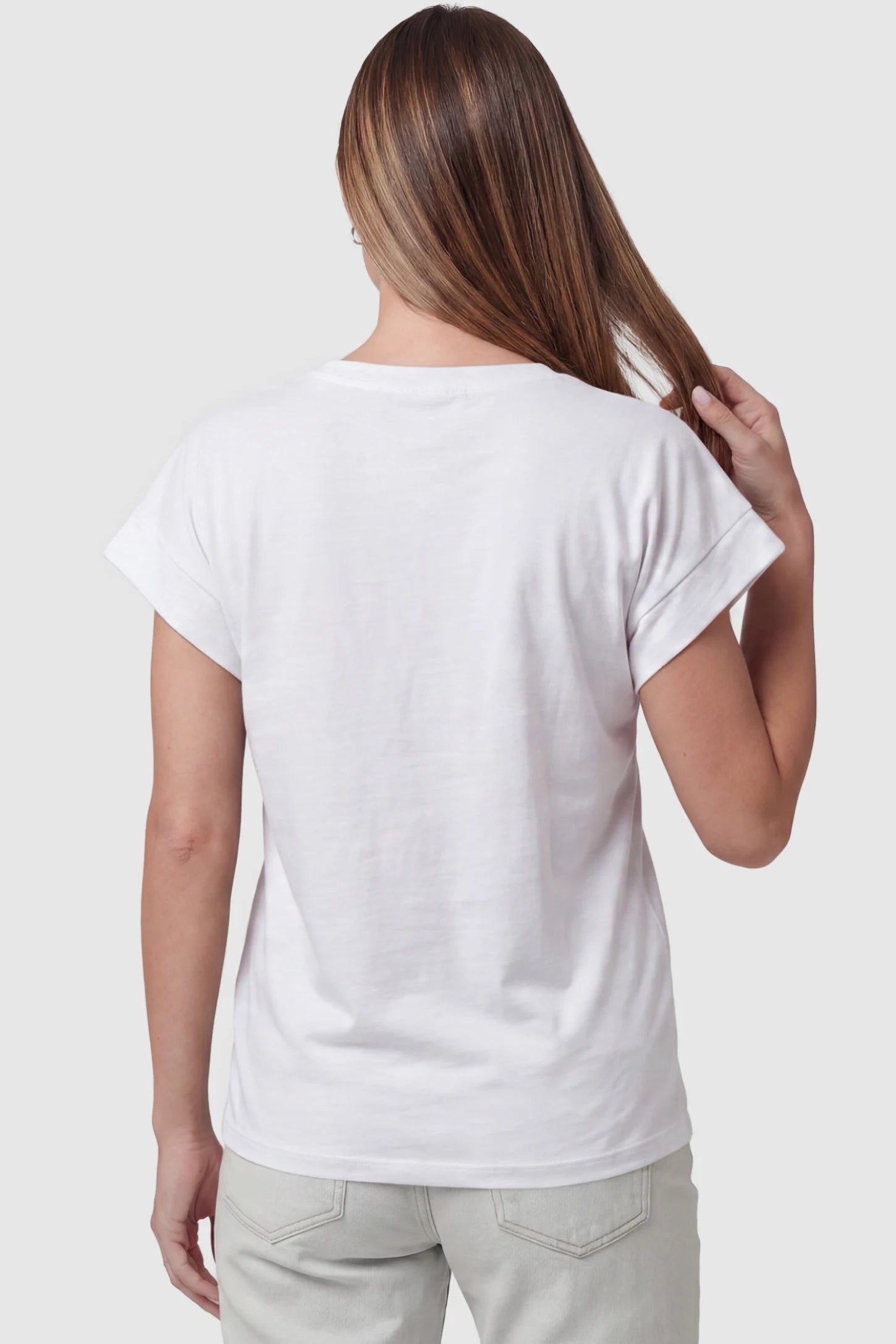 Solid Round Neck Cap Sleeve Maternity Top Solid Round Neck Cap Sleeve Maternity Top in White featuring breathable fabric on a pregnant model, back view.