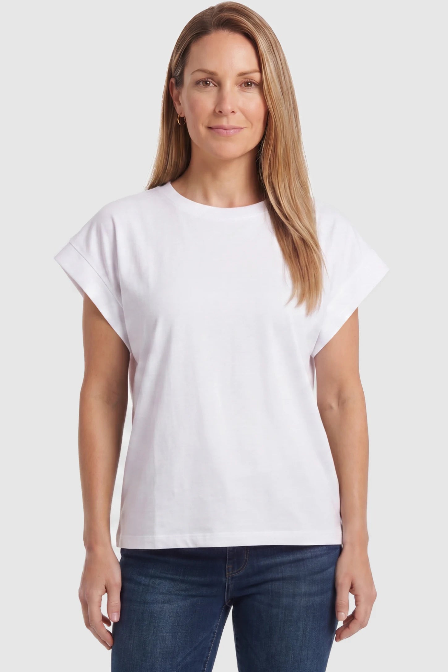 Solid Round Neck Cap Sleeve Maternity Top Solid Round Neck Cap Sleeve Maternity Top in White featuring breathable fabric on a postpartum model, front view.