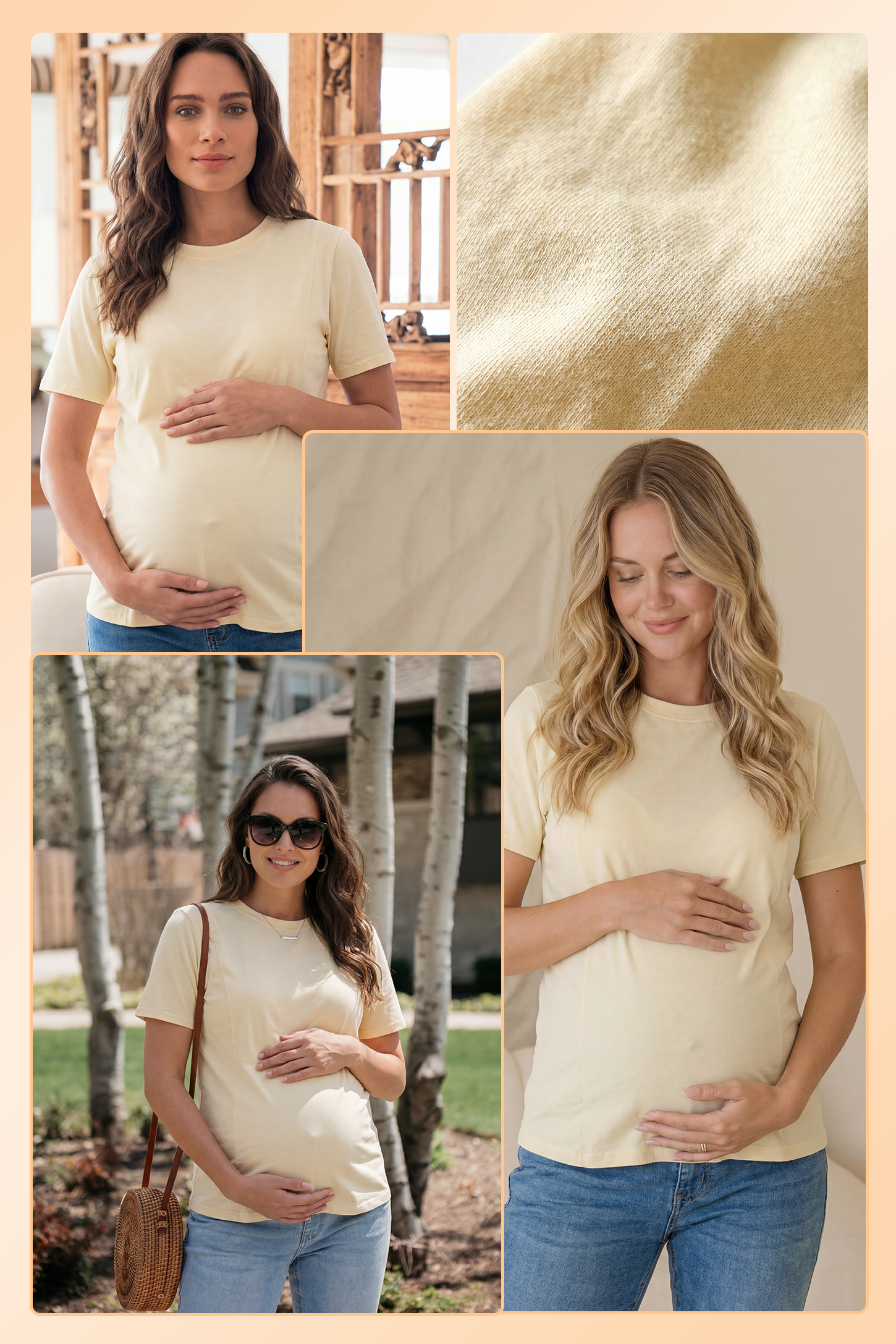Solid Round Neck Short Sleeve Maternity Top Solid Round Neck Short Sleeve Maternity Top in Beige featuring a soft-touch finish and relaxed fit on a pregnant model, front view.