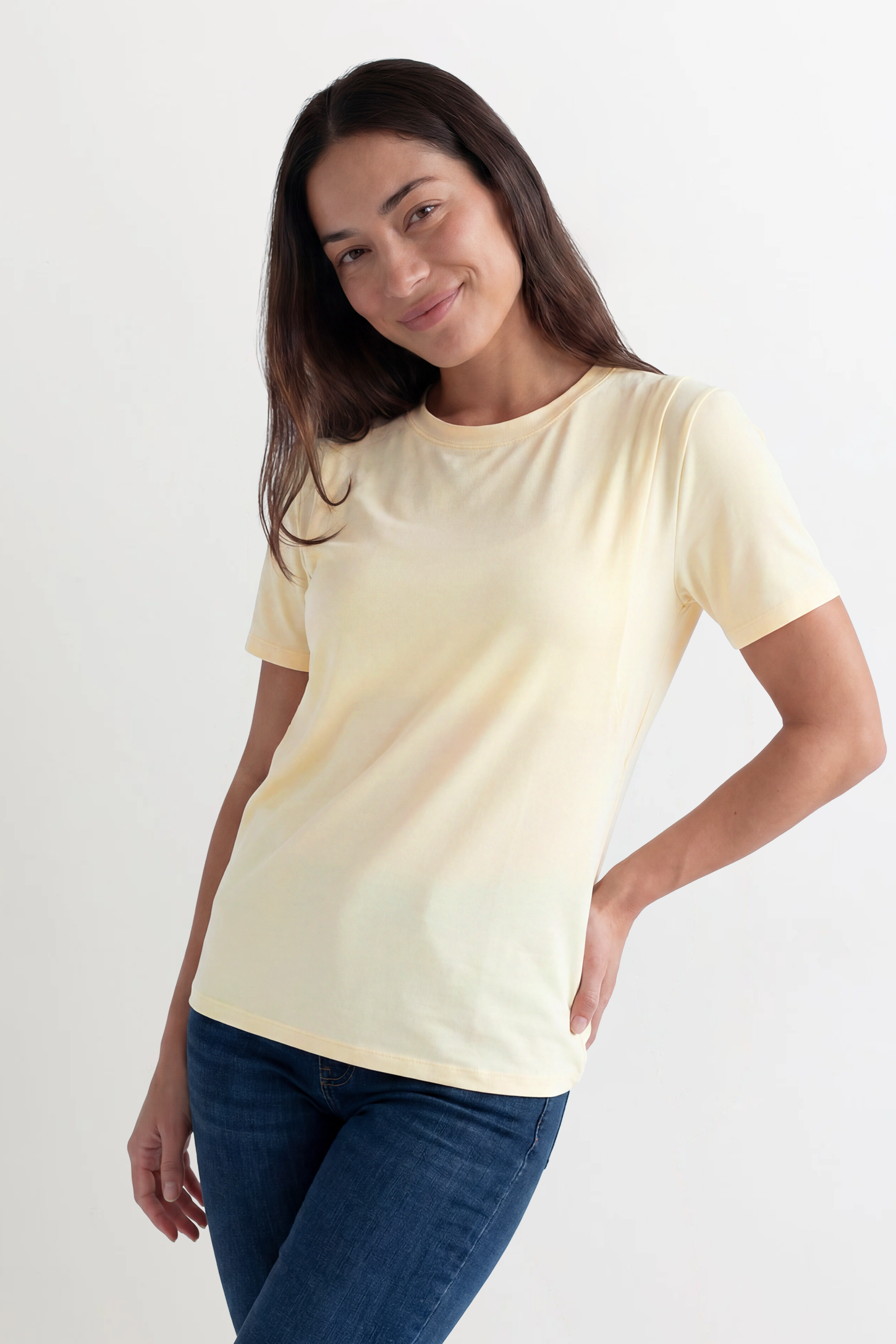 Solid Round Neck Short Sleeve Maternity Top Solid Round Neck Short Sleeve Maternity Top in Beige featuring a soft-touch finish and relaxed fit on a postpartum model, front view.
