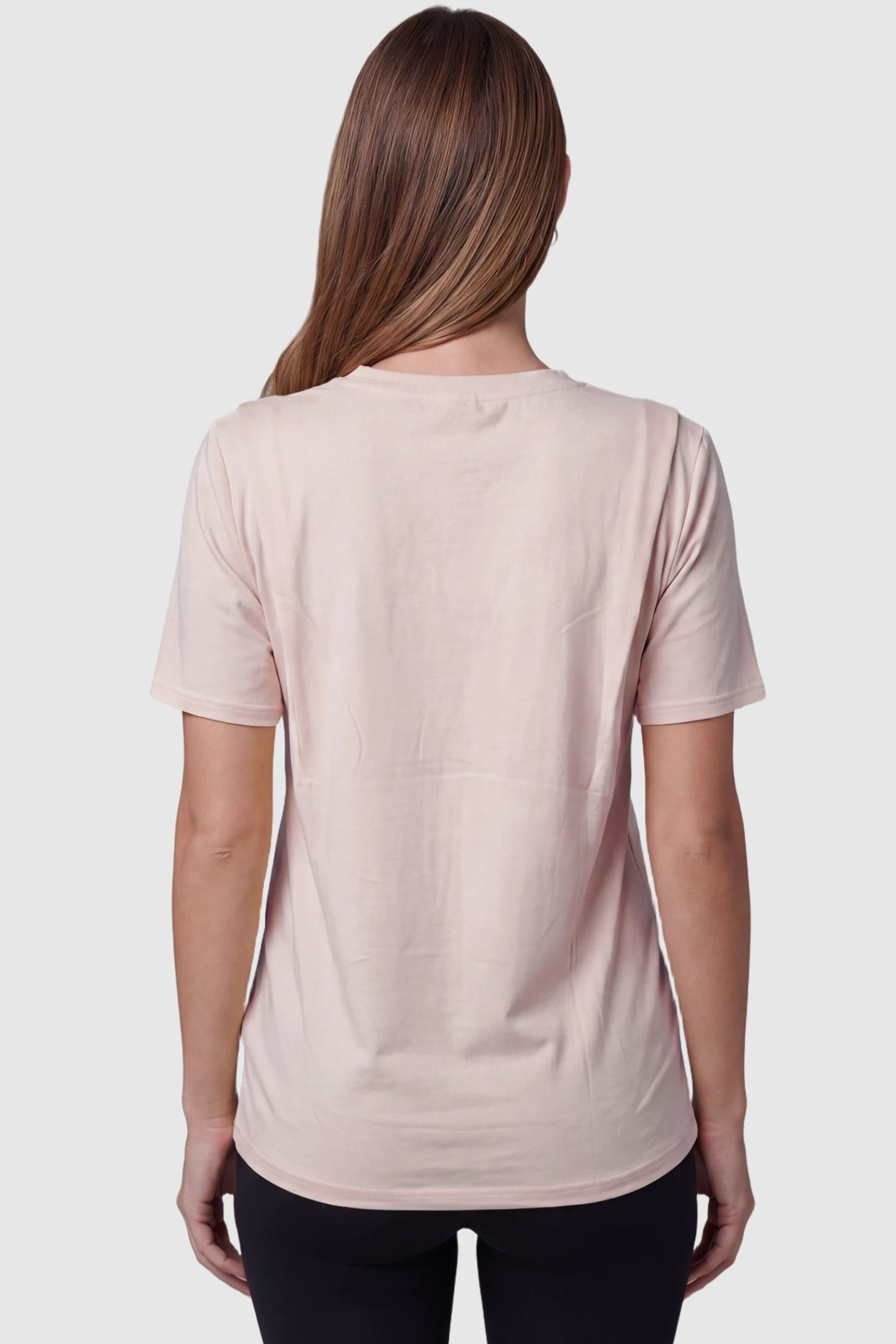 Solid Round Neck Short Sleeve Maternity Top Solid Round Neck Short Sleeve Maternity Top in Brown featuring a soft-touch finish and relaxed fit on a pregnant model, back view.