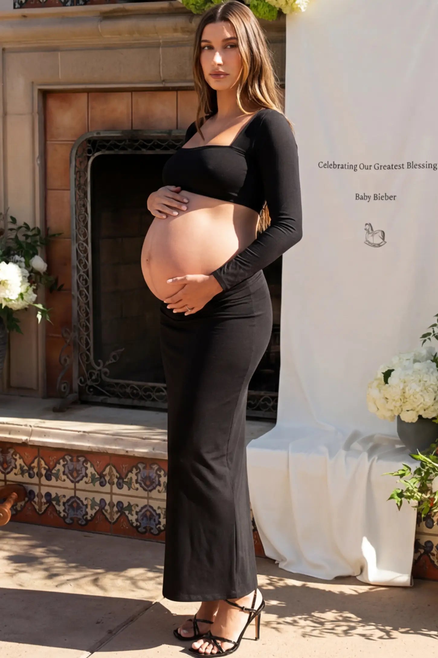 Solid Square Neck Long Sleeve Bodycon Maternity Maxi Dress in Black featuring a bodycon fit on a pregnant woman.