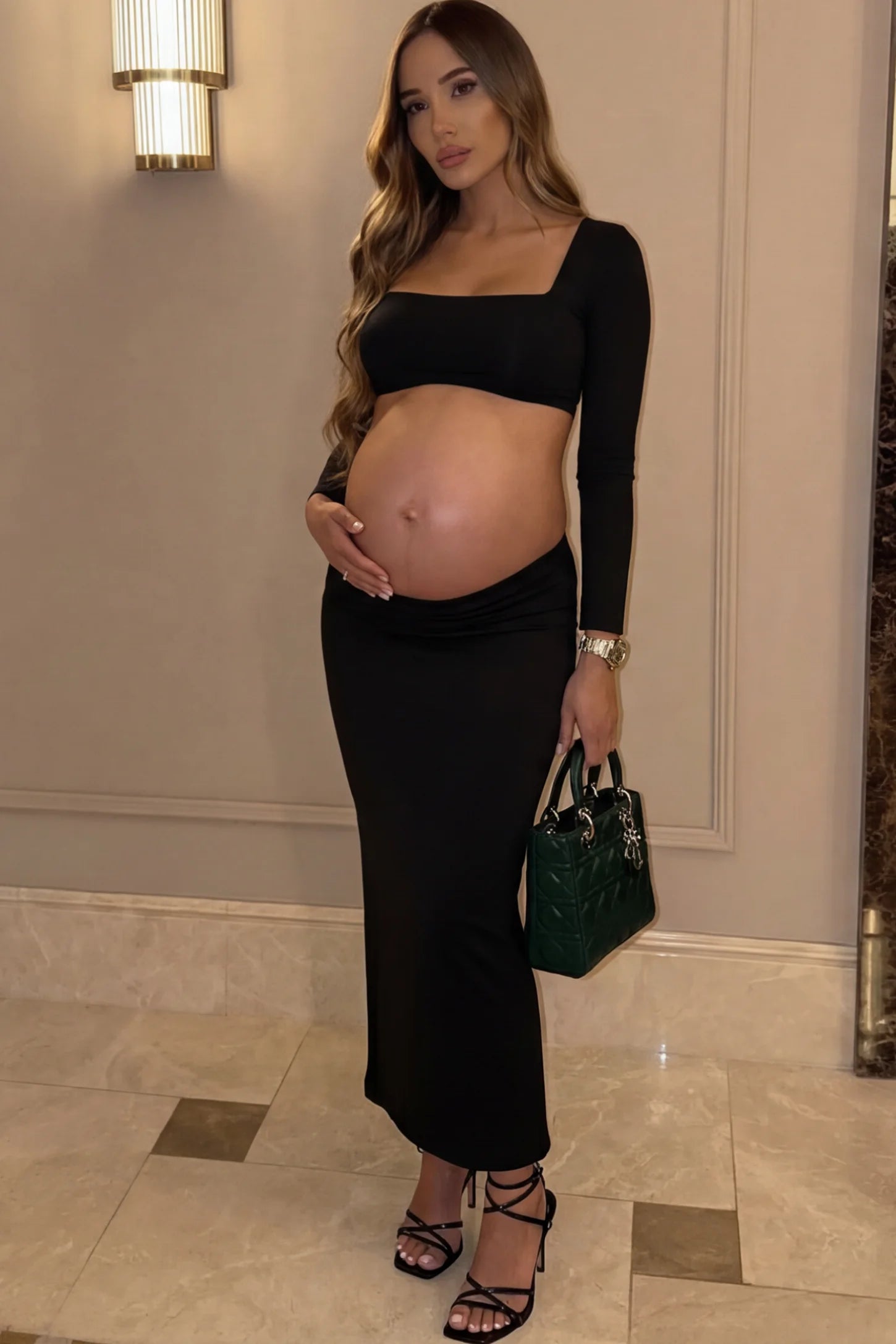 Solid Square Neck Long Sleeve Bodycon Maternity Maxi Dress Solid Square Neck Long Sleeve Bodycon Maternity Maxi Dress in Black featuring a bodycon fit on a pregnant woman.