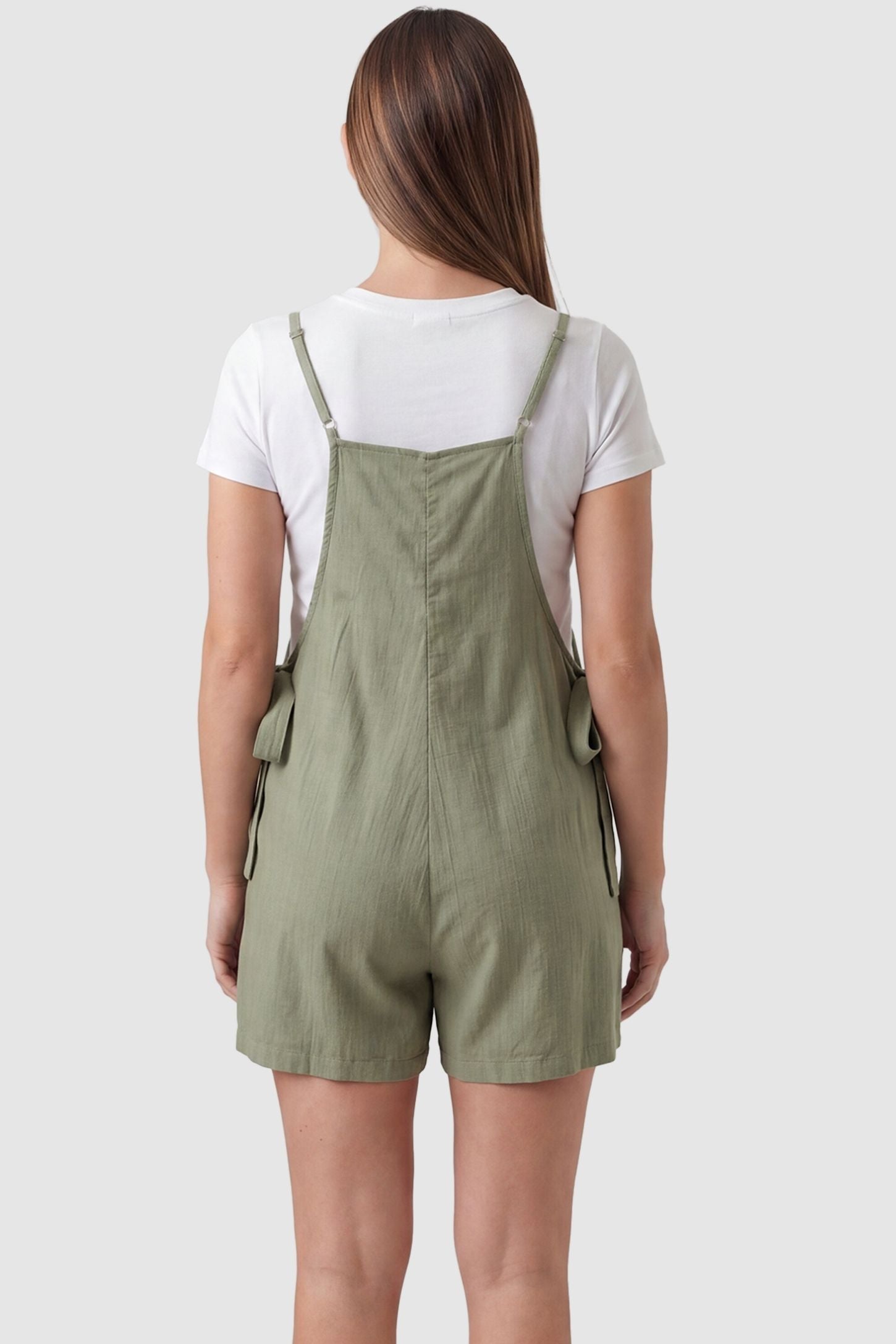 Spaghetti Strap Tie-Side Maternity Romper Rear view of Green Spaghetti Strap Tie-Side Maternity Romper featuring a straight-cut back and adjustable straps on a pregnant model.