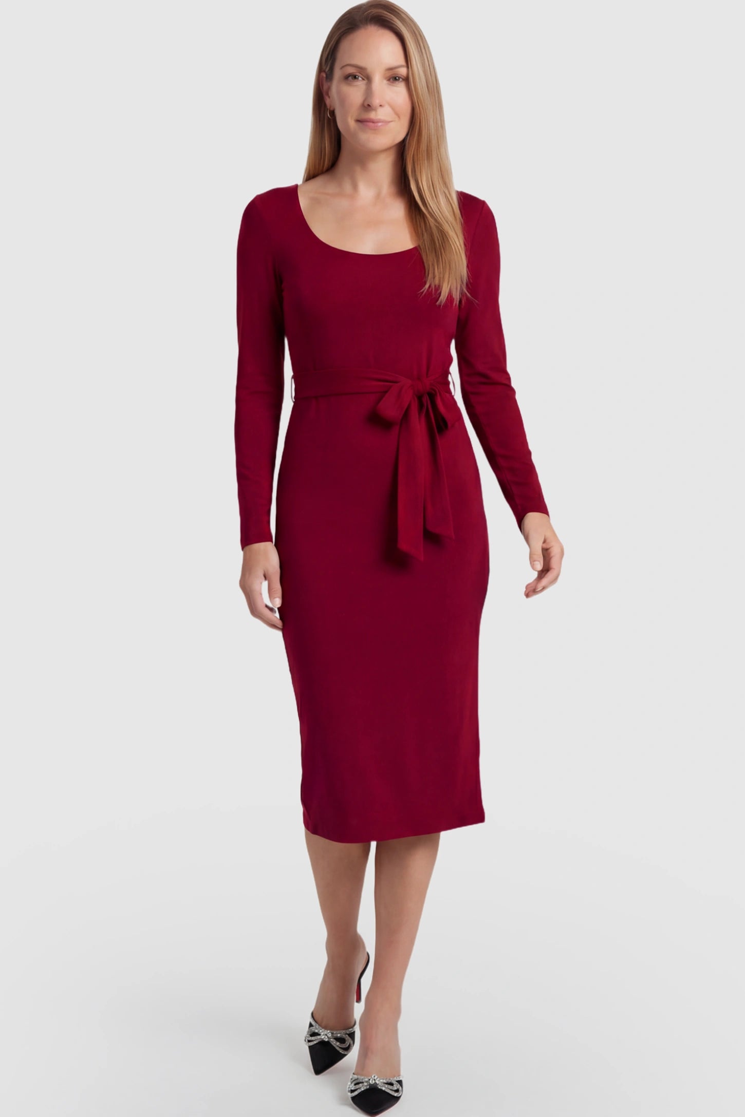Square Neck Side-Tie Maternity Midi Dress Square Neck Side-Tie Maternity Midi Dress in Burgundy featuring a long-sleeve bodycon fit on a postpartum model.
