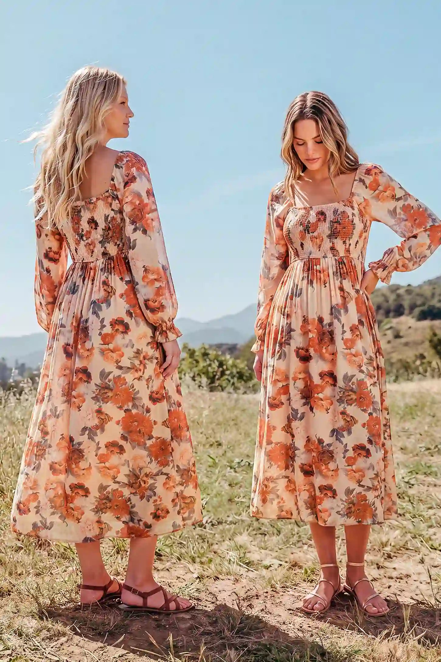 Square Neck Smocked Floral Maternity Midi Dress Square Neck Smocked Floral Maternity Midi Dress in Rust Floral featuring an A-line silhouette, square neck, and long sleeves on a pregnant model, lifestyle front view.
