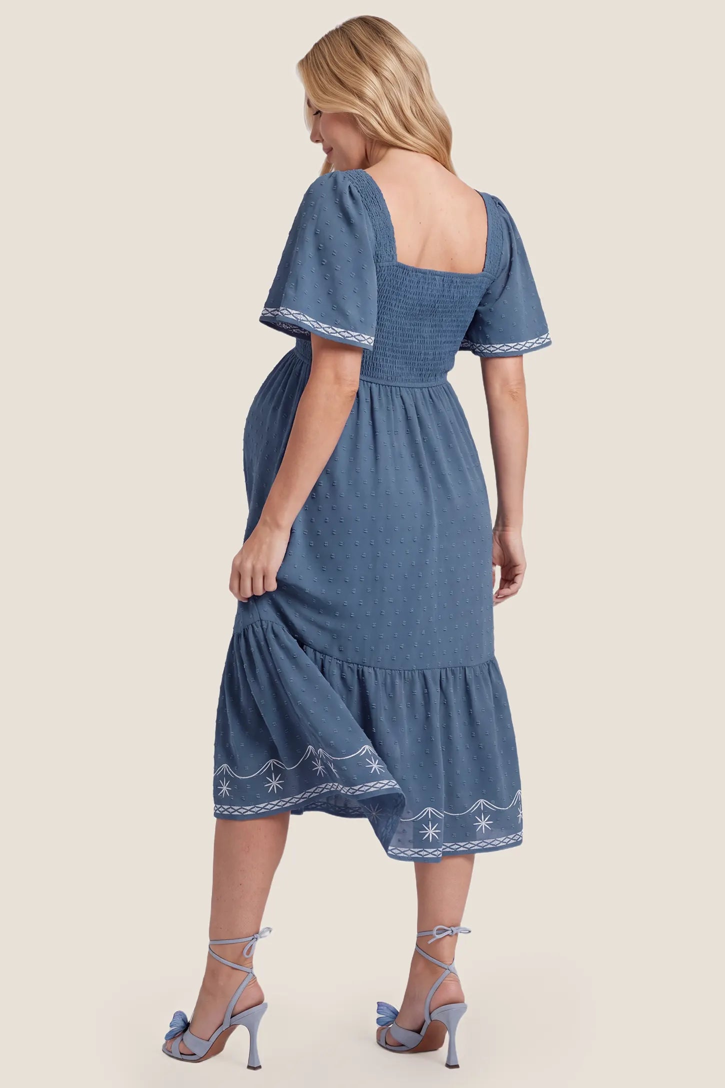 Square Neck Swiss Dot Maternity Dress Square Neck Swiss Dot Maternity Dress in Seasalt Dobby highlighting the textured fabric and square back design, back view on a pregnant model.
