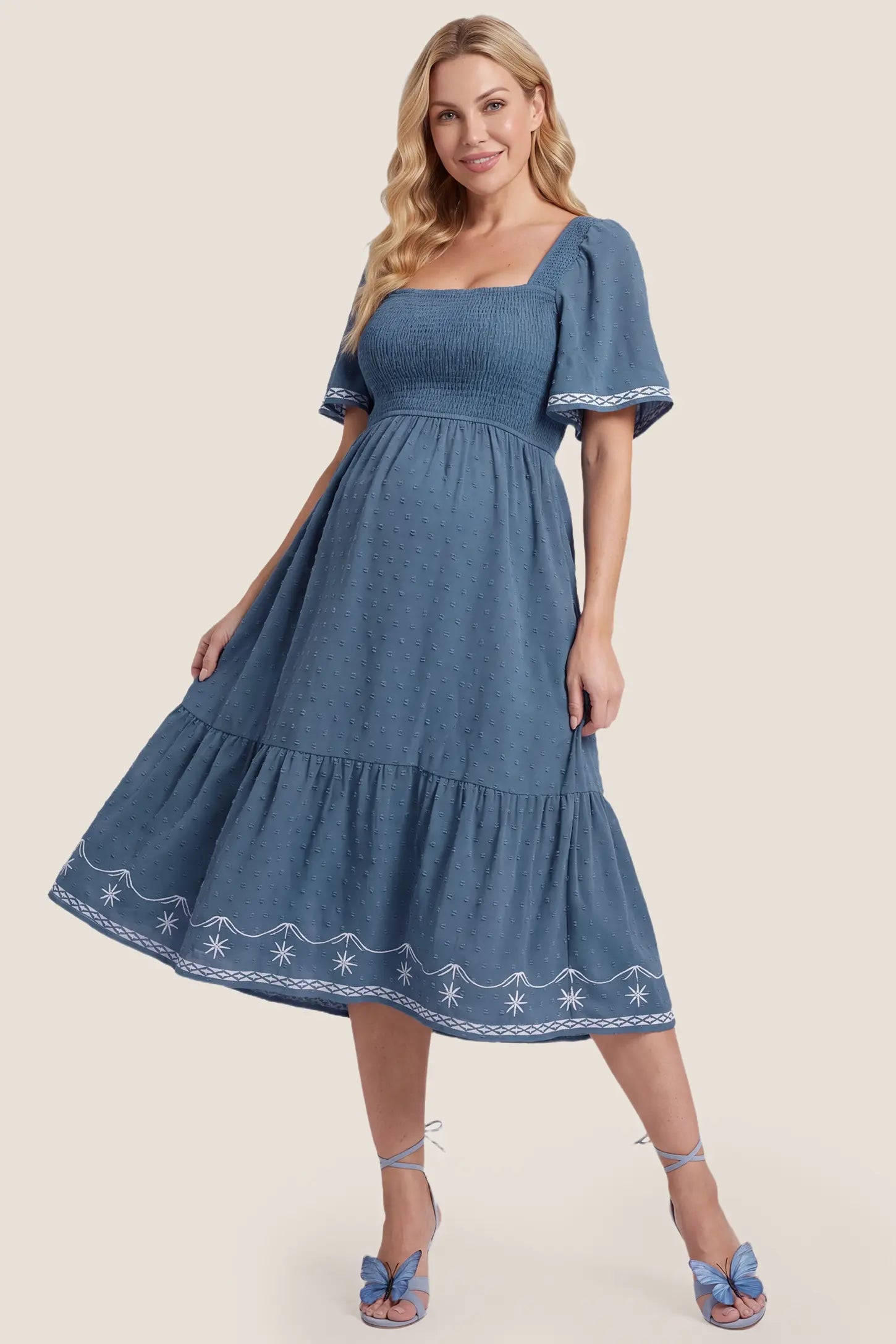 Square Neck Swiss Dot Maternity Dress Square Neck Swiss Dot Maternity Dress in Seasalt Dobby featuring a classic square neckline and delicate Swiss dot texture, front view on a pregnant model.