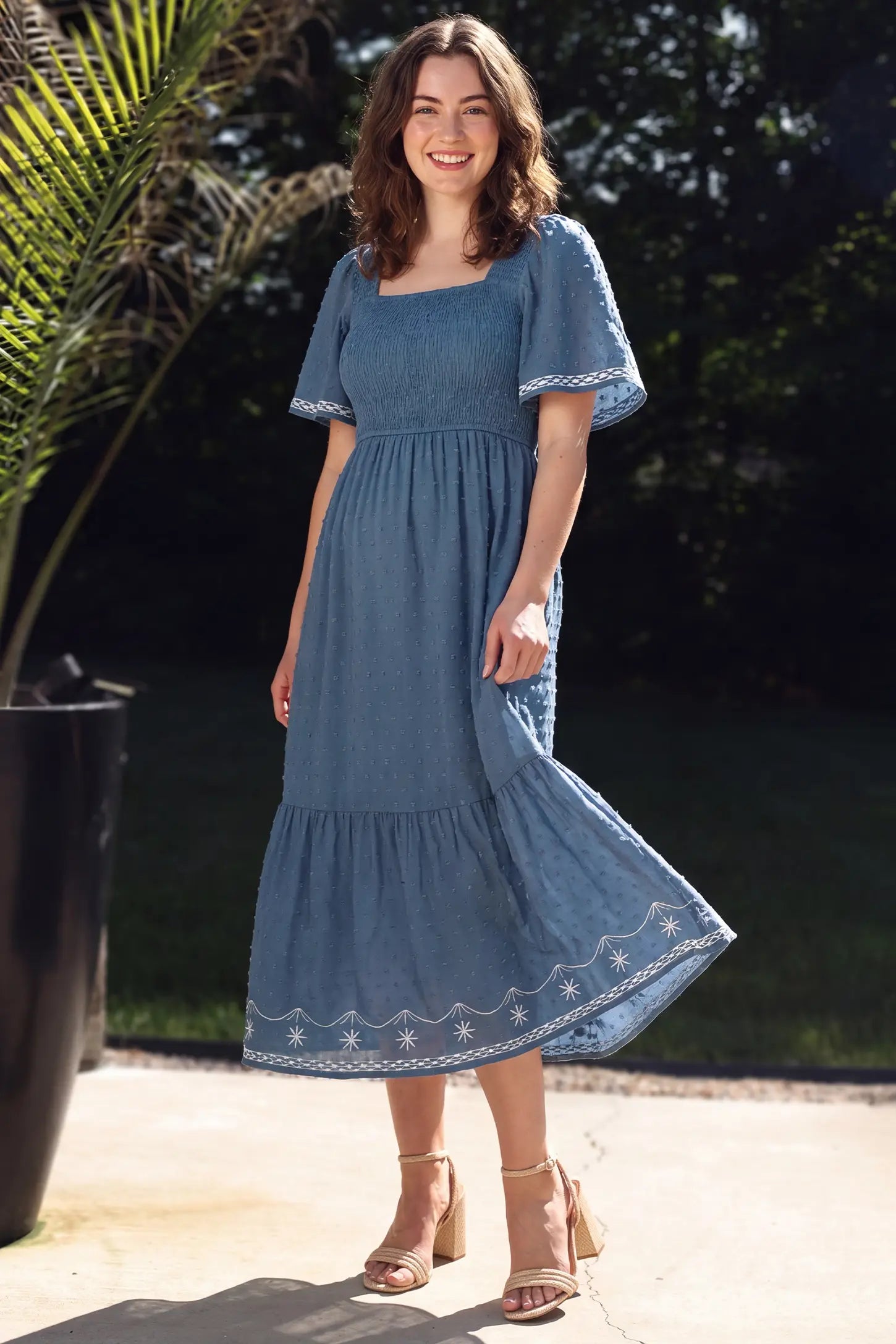 Square Neck Swiss Dot Maternity Dress Square Neck Swiss Dot Maternity Dress in Seasalt Dobby with an elegant textured silhouette, lifestyle view on a non pregnant model.