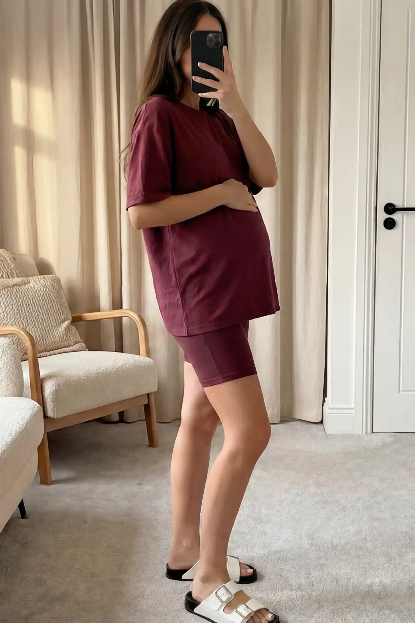 Stretch Oversized Tee & Biker Short Maternity Lounge Set Stretch Oversized Tee & Biker Short Maternity Lounge Set in burgundy featuring soft, breathable jersey fabric on a non-pregnant model, UGC view.