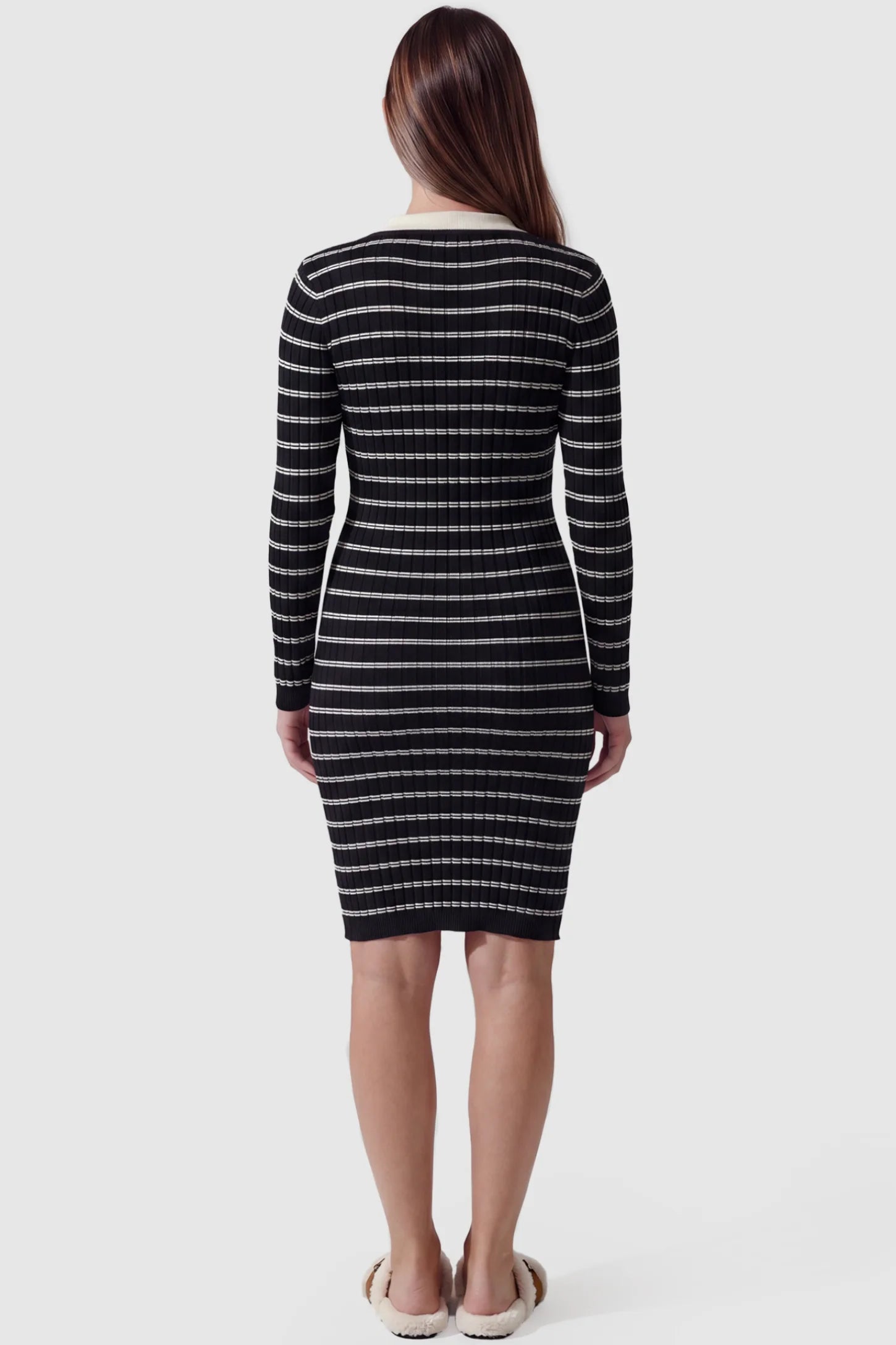 Striped Knit Collared Maternity Midi Dress Rib-Knit Straight-Tube Maternity Midi in Black Stripes featuring a contrast polo collar on a pregnant model, back view.
