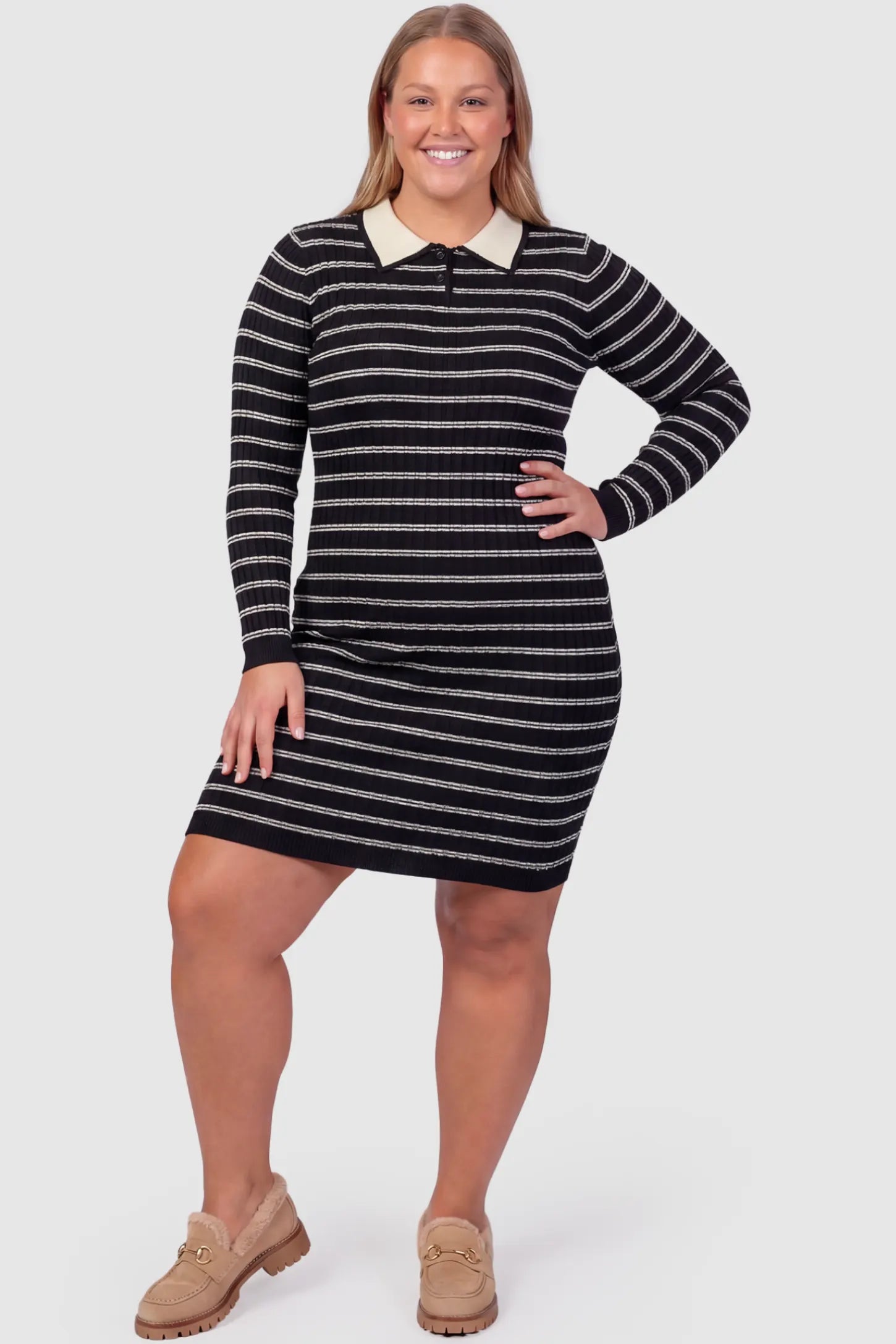 Striped Knit Collared Maternity Midi Dress Rib-Knit Straight-Tube Maternity Midi in Black Stripes featuring a contrast polo collar on a plus size pregnant model, front view.