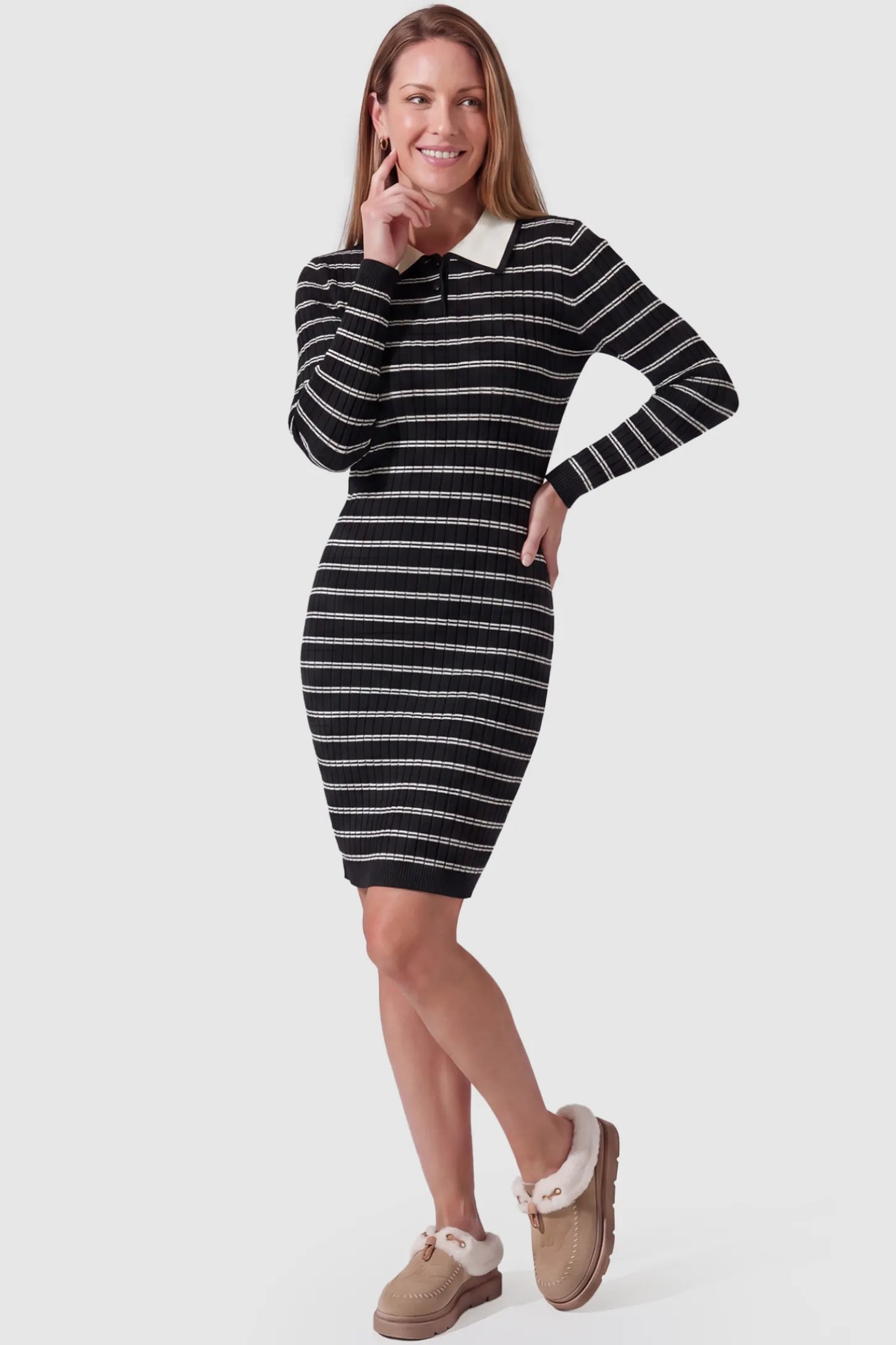 Striped Knit Collared Maternity Midi Dress Rib-Knit Straight-Tube Maternity Midi in Black Stripes featuring a contrast polo collar on a postpartum model, front view.
