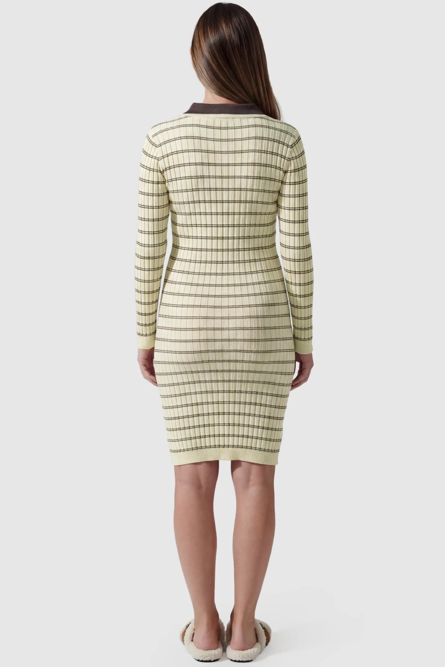 Striped Knit Collared Maternity Midi Dress Rib-Knit Straight-Tube Maternity Midi in Off-White Stripes featuring a contrast polo collar on a pregnant model, back view.