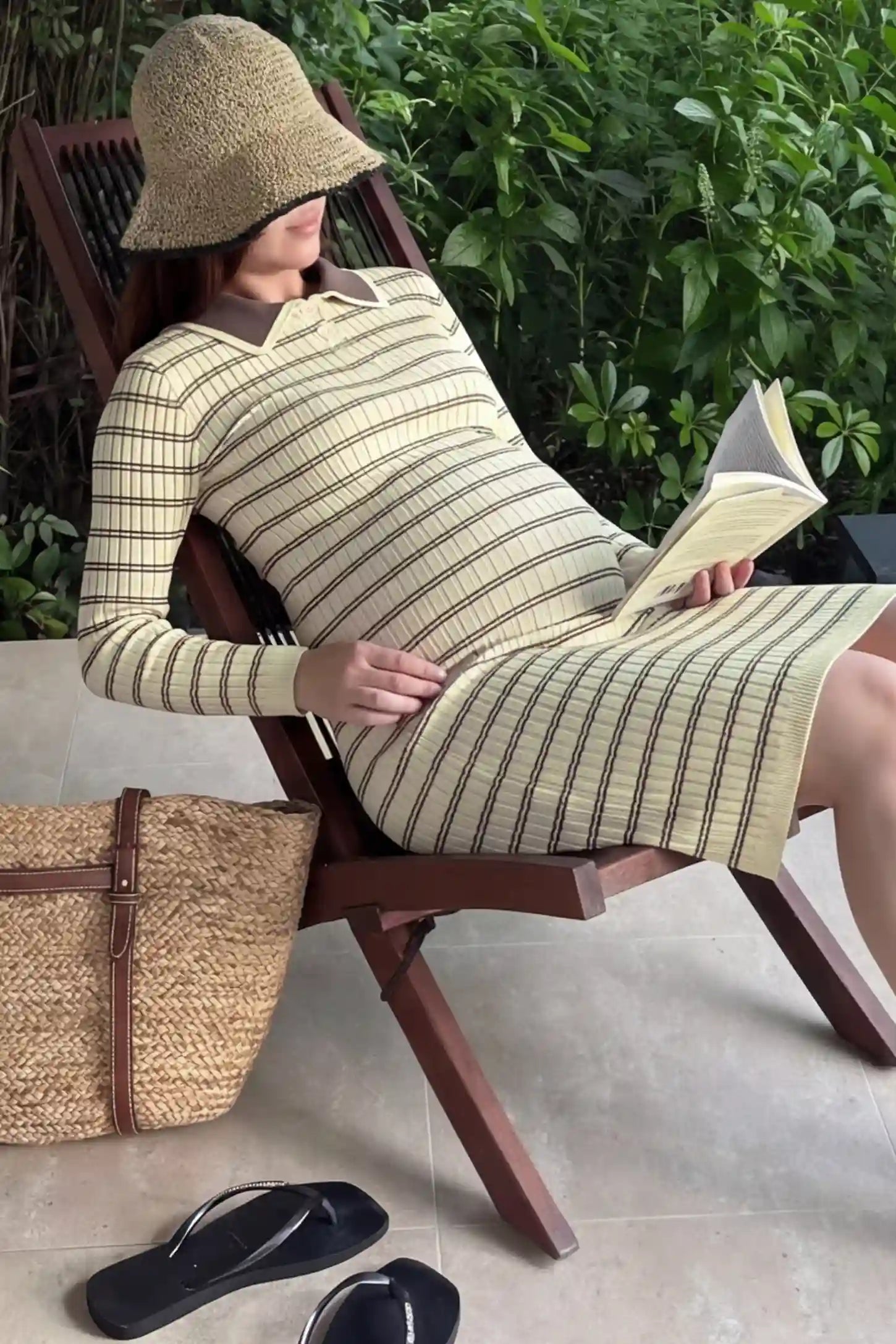 Striped Knit Collared Maternity Midi Dress Rib-Knit Straight-Tube Maternity Midi in Off-White Stripes featuring a contrast polo collar on a pregnant woman.