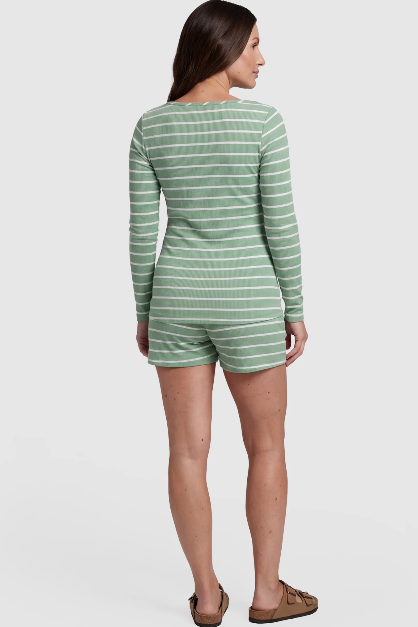 Striped Long Sleeve Top Drawstring Shorts Maternity Lounge Set Striped Long Sleeve Top Drawstring Short Maternity Lounge Set in Green featuring a Striped texture on a pregnant model showing back.