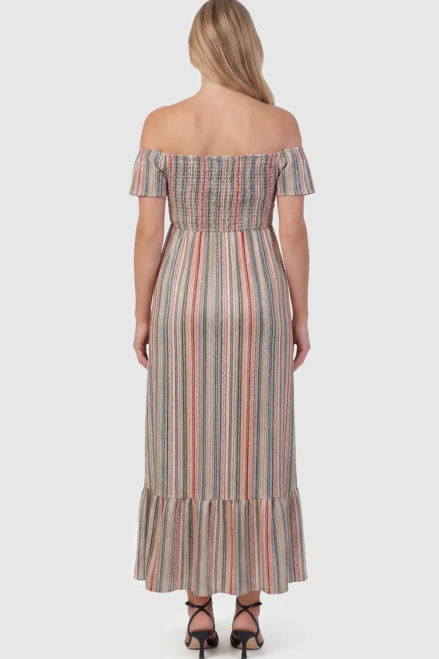 Striped Off Shoulder Ruffle Hem Maternity Maxi Dress Striped Off-the-Shoulder Ruffle Hem Maternity Maxi Dress in multi colors featuring a flounced hem on a pregnant model showing back.